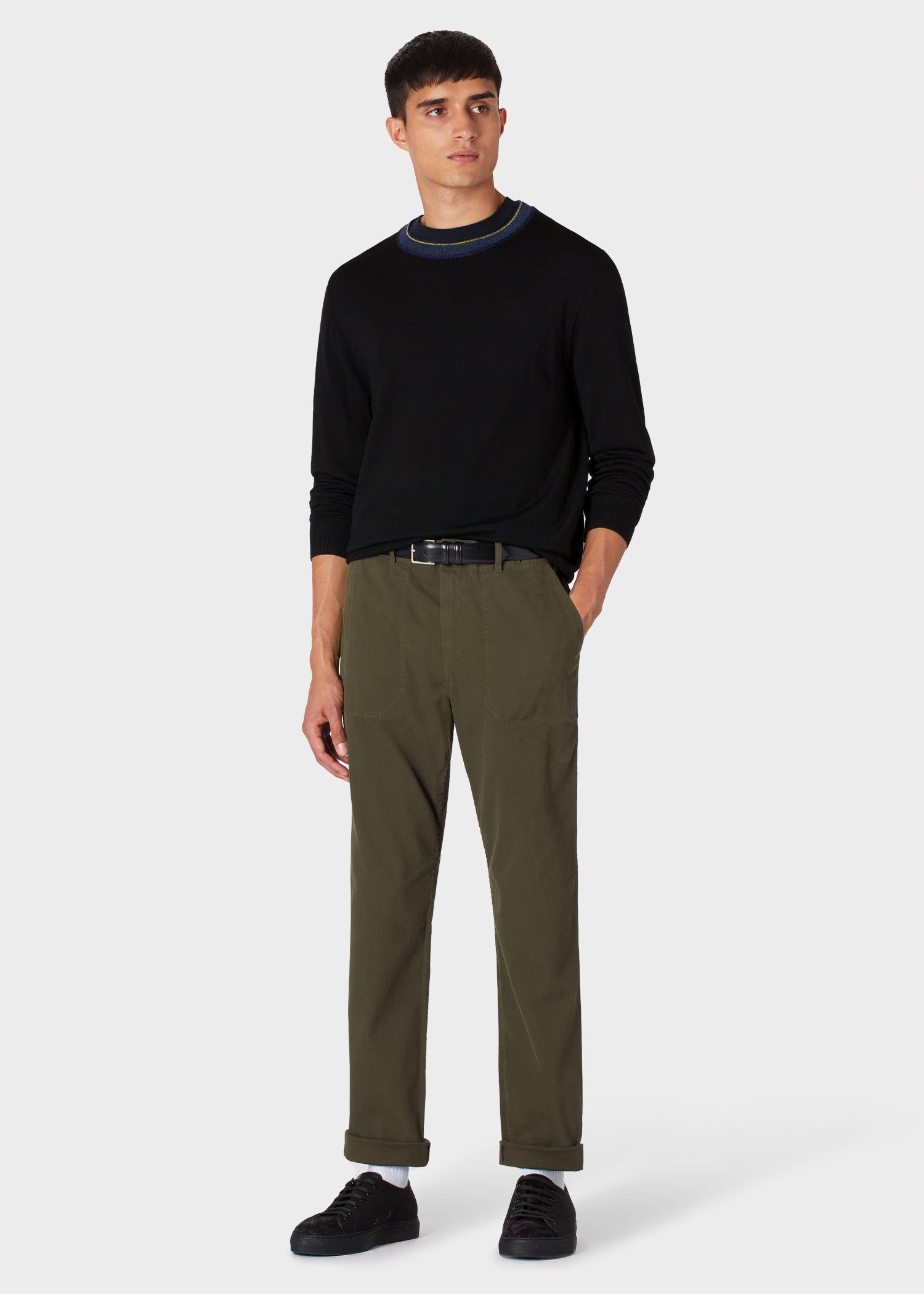 Model front view - Men's Black Merino Wool Sweater With Contrasting Alpaca Collar