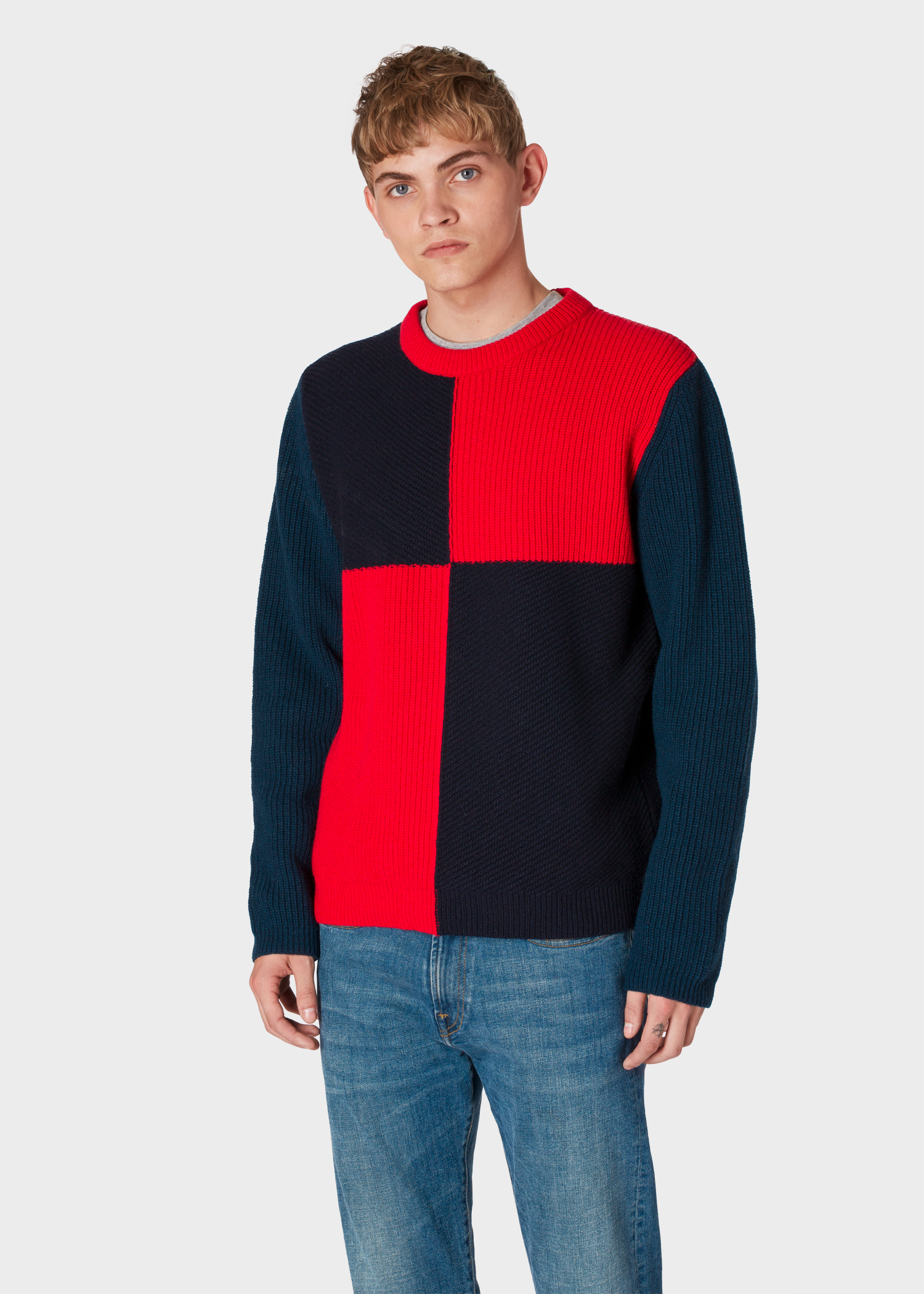 Model front close up - Men's Red And Navy Wool-Blend Large-Check Sweater Paul Smith