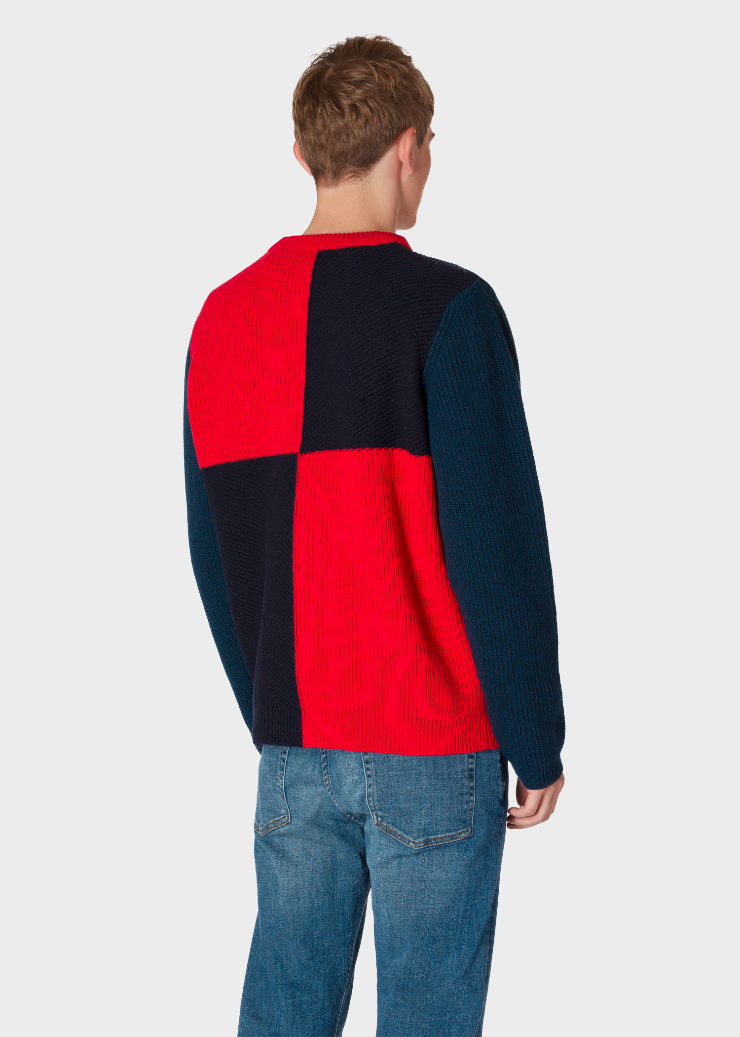 Model back close up - Men's Red And Navy Wool-Blend Large-Check Sweater Paul Smith