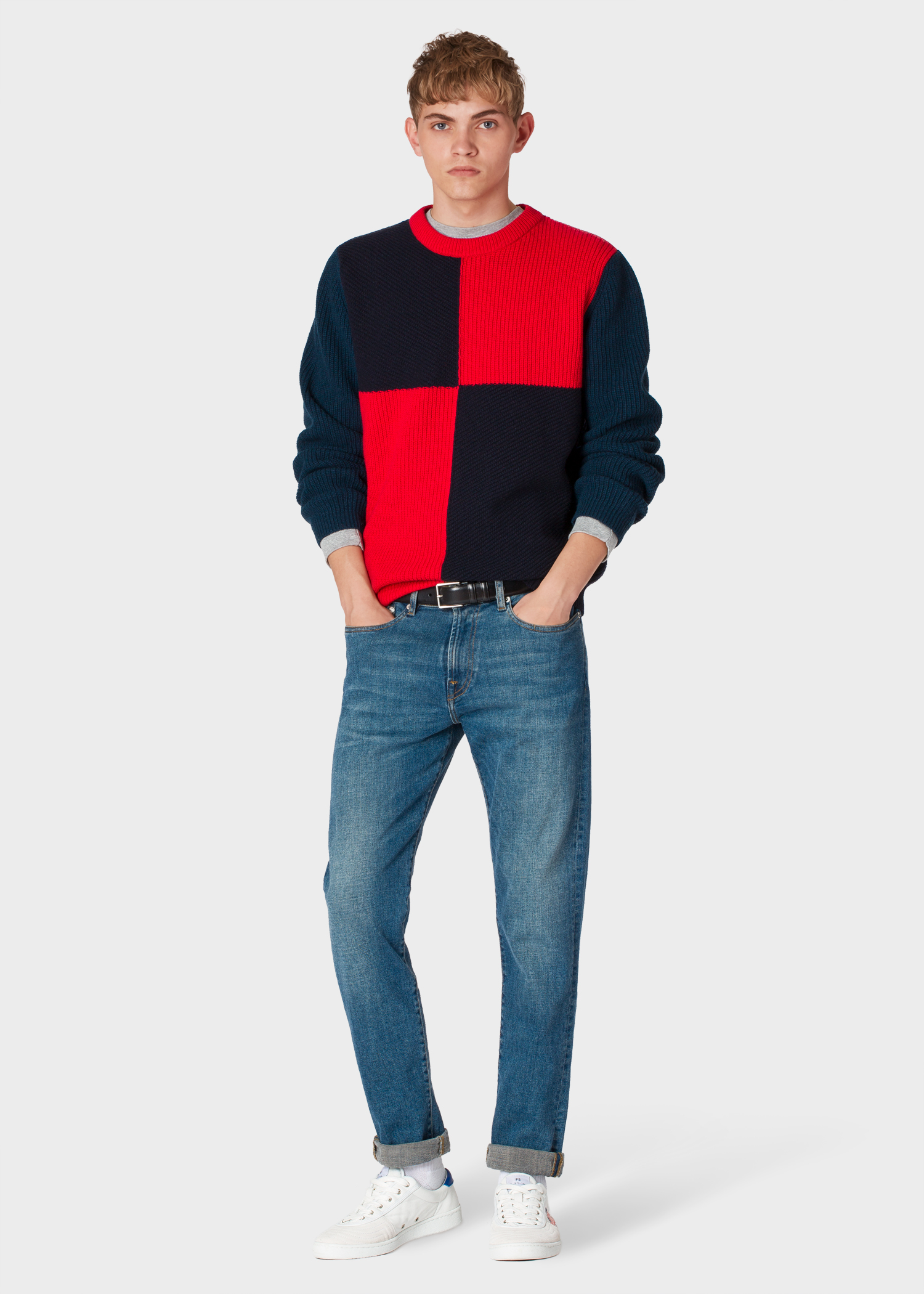Model front view - Men's Red And Navy Wool-Blend Large-Check Sweater Paul Smith
