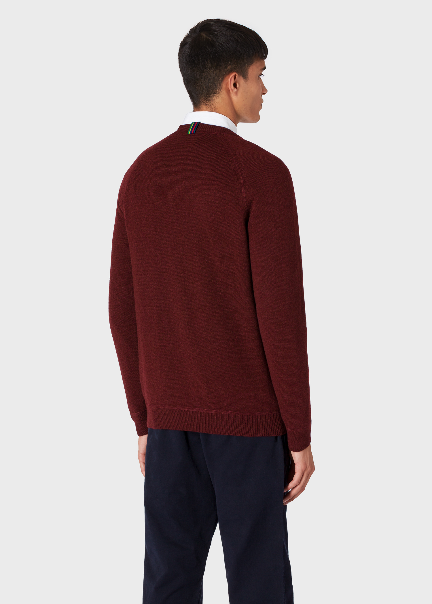 Model back close up - Men's Burgundy Lambswool Raglan Sweater Paul Smith