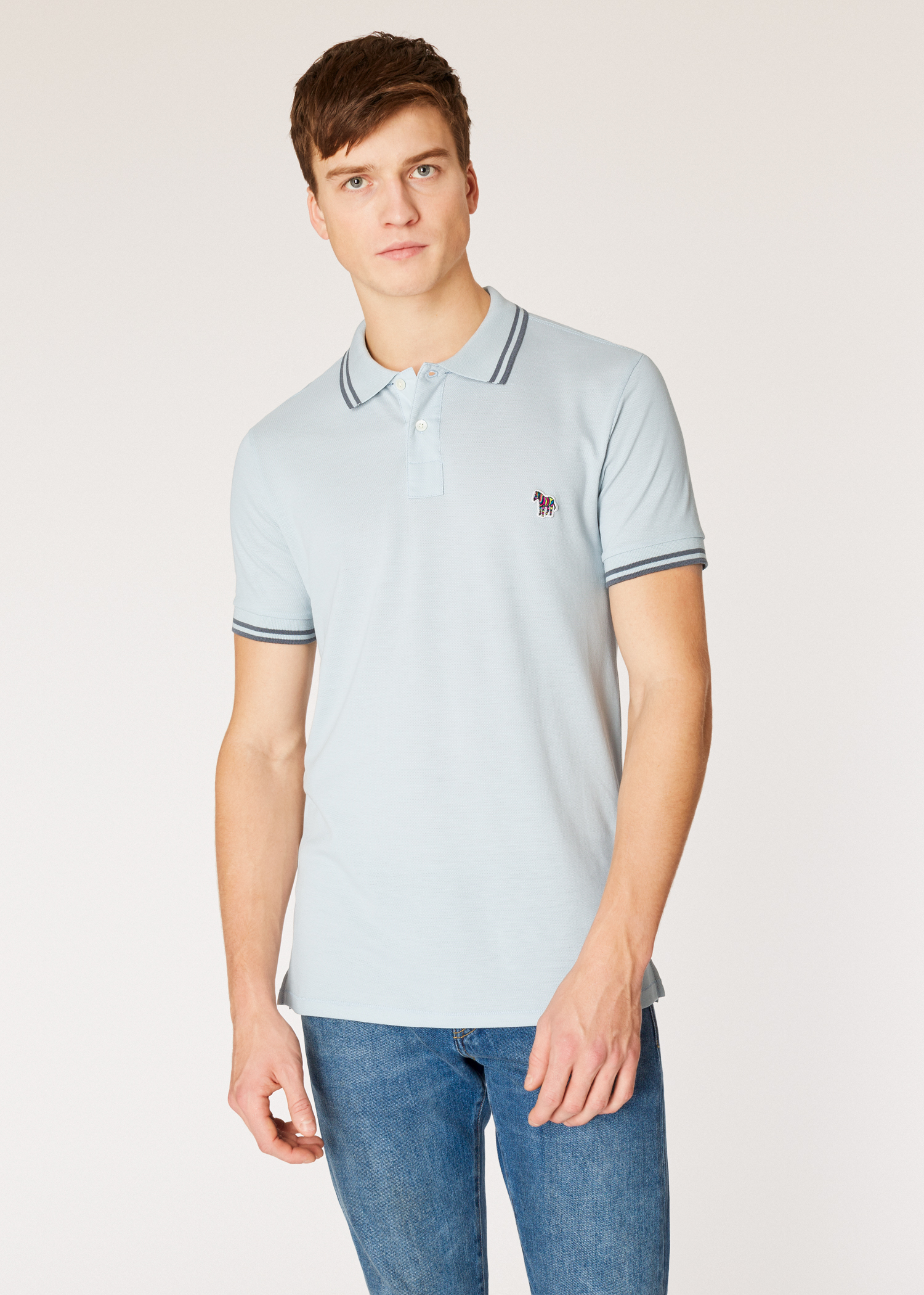 Men's Slim-Fit Light Blue Zebra Polo Shirt With Grey Tipping - Paul ...