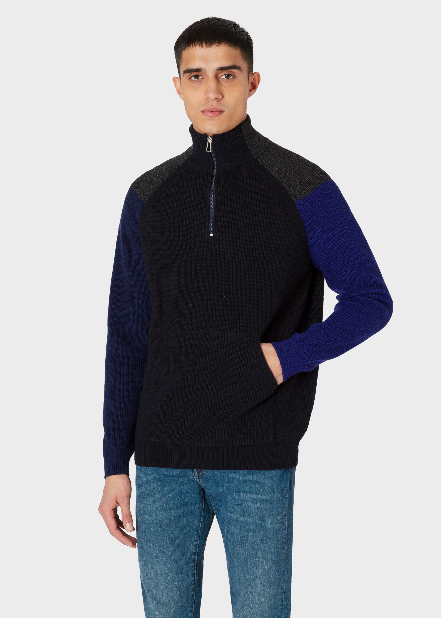 Model front close up - Men's Dark Navy Colour-Block Half-Zip Wool-Blend Sweater Paul Smith