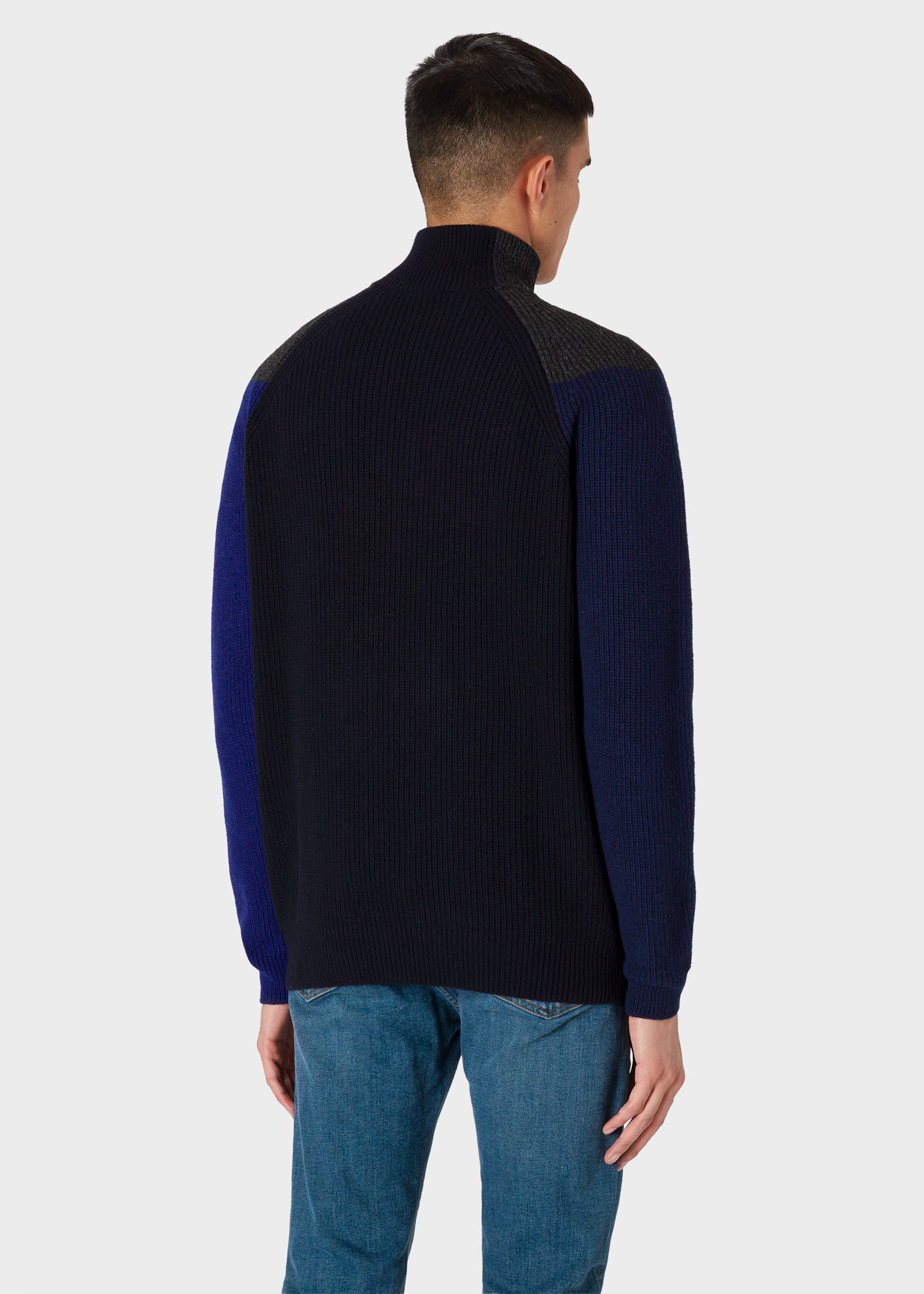 Model back close up - Men's Dark Navy Colour-Block Half-Zip Wool-Blend Sweater Paul Smith