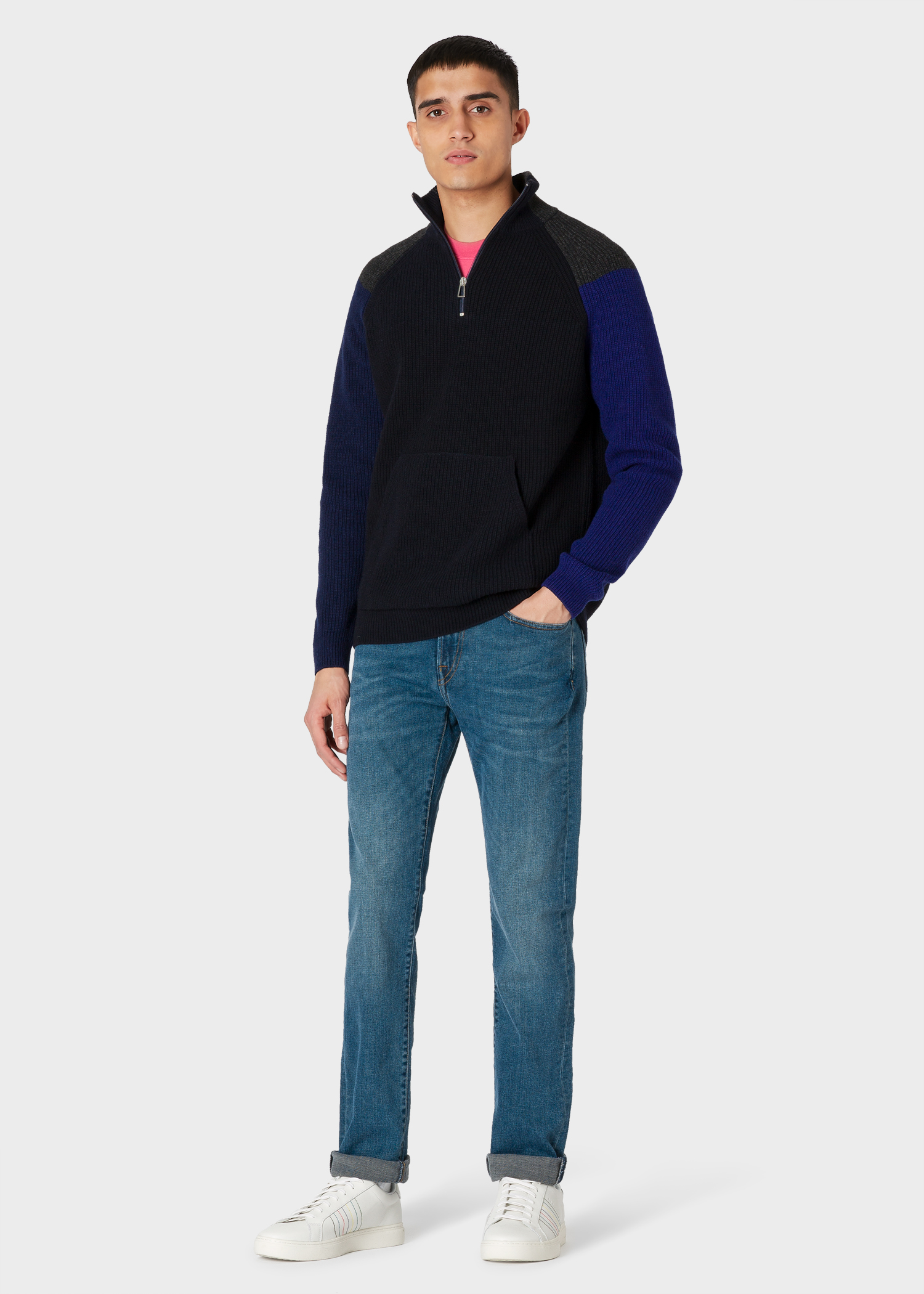 Model front view - Men's Dark Navy Colour-Block Half-Zip Wool-Blend Sweater Paul Smith