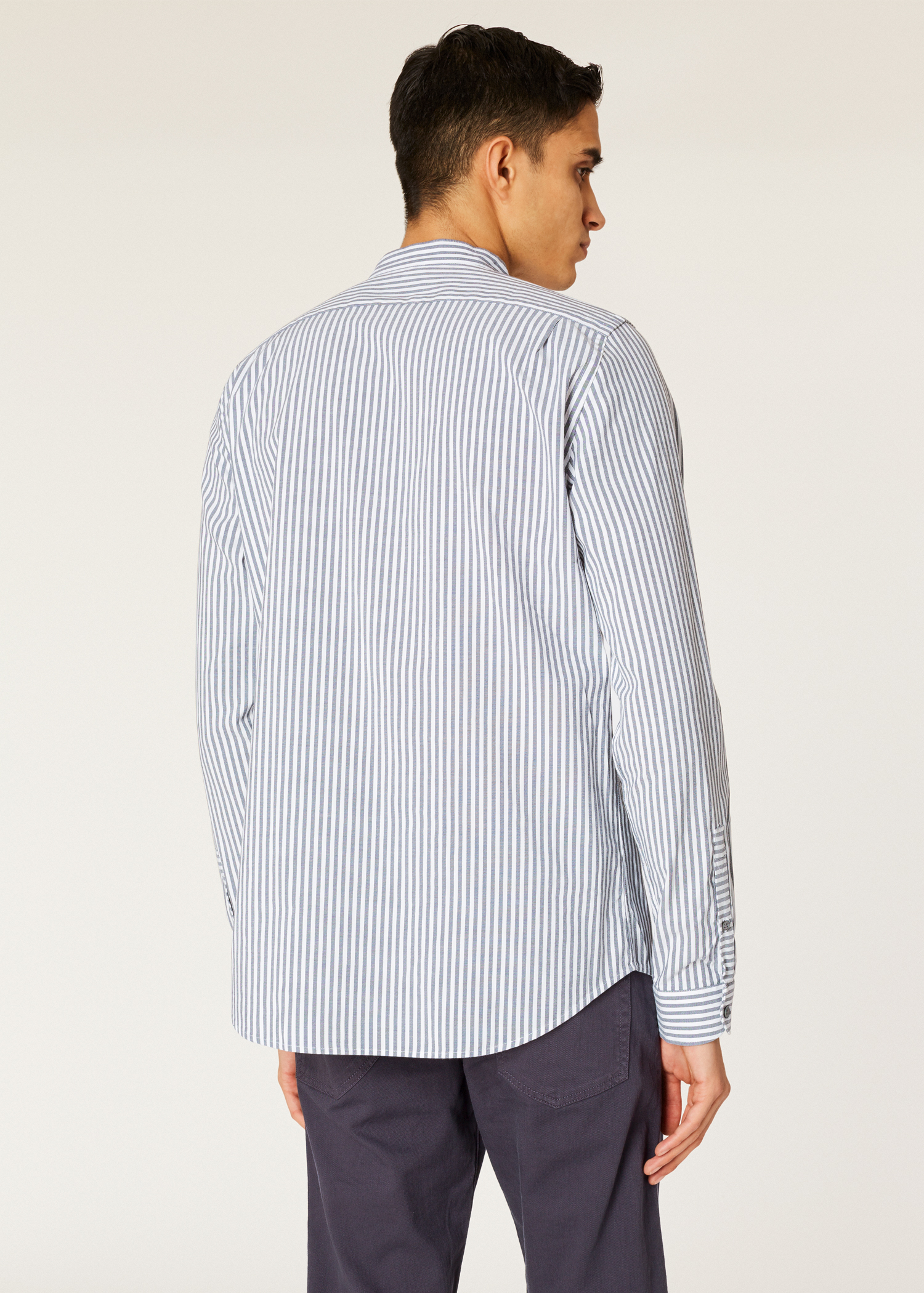 Download Men's Tailored-Fit Grey Stripe Cotton Band-Collar Shirt ...