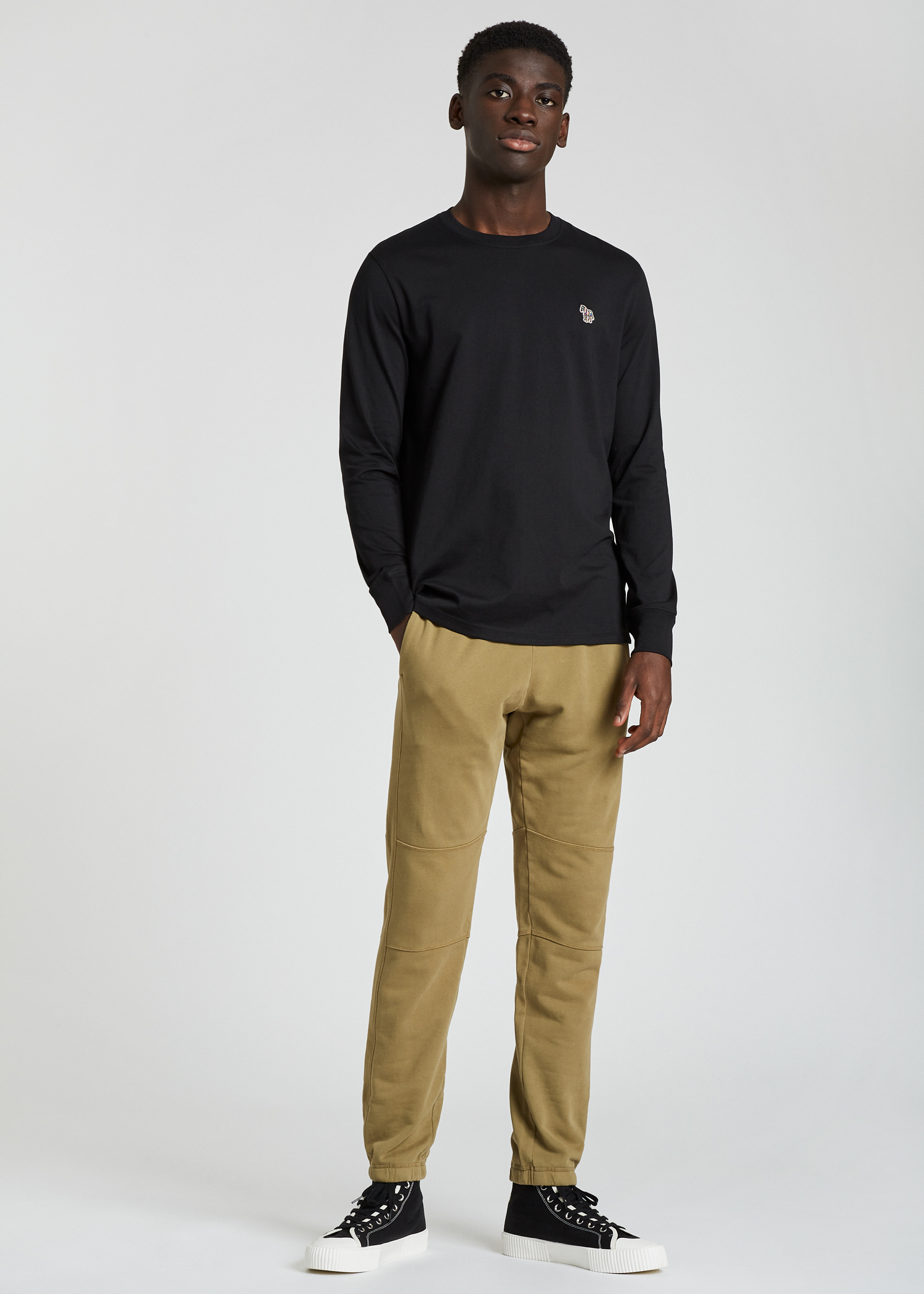 Model shot full length outfit - Men's Black Organic-Cotton Zebra Logo Long-Sleeve T-Shirt by Paul Smith