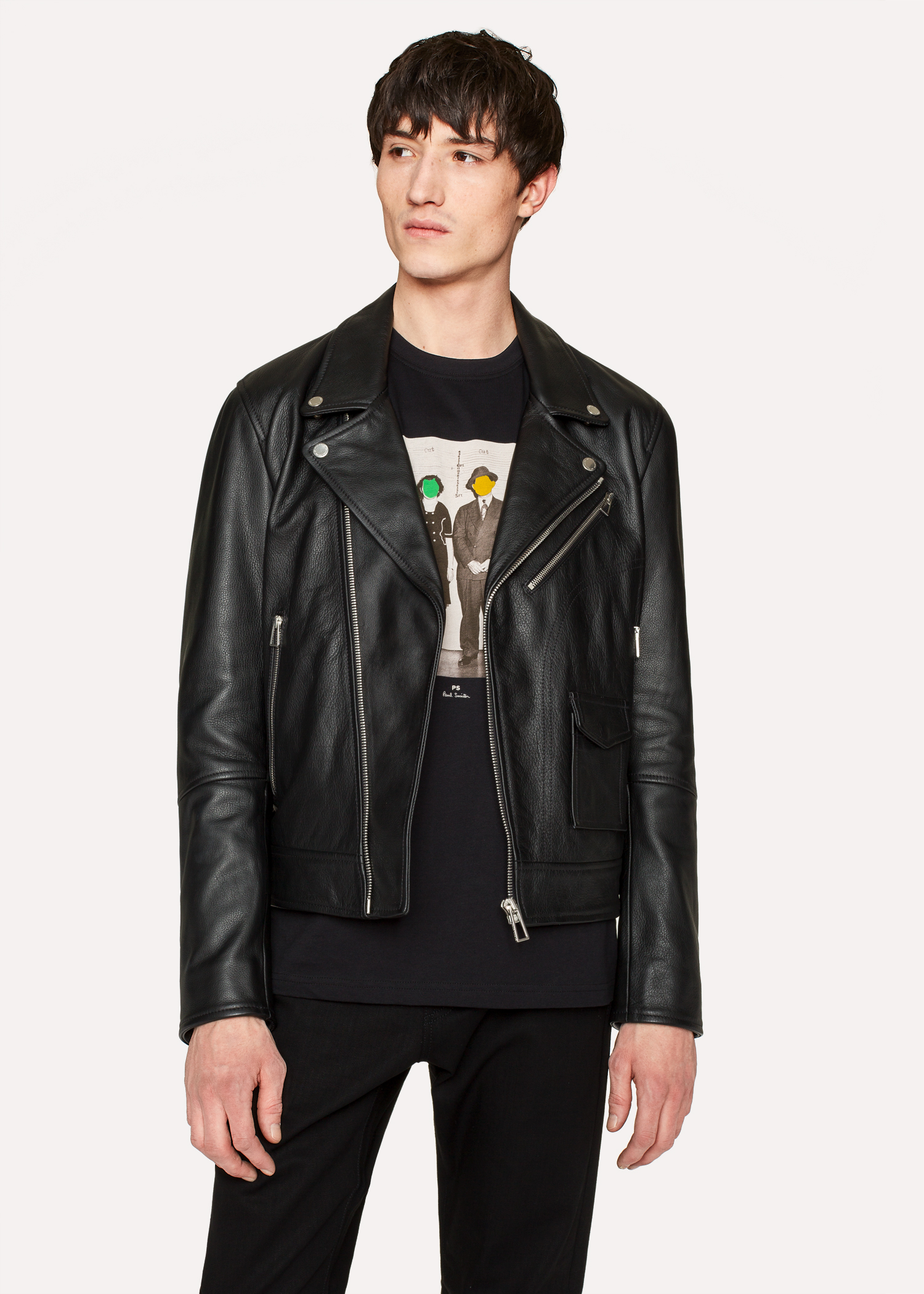 Men S Heavy Grained Leather Asymmetric Zip Biker Jacket Paul Smith Paul Smith Men S Heavy Grained Leather Asymmetric Zip Biker Jacket