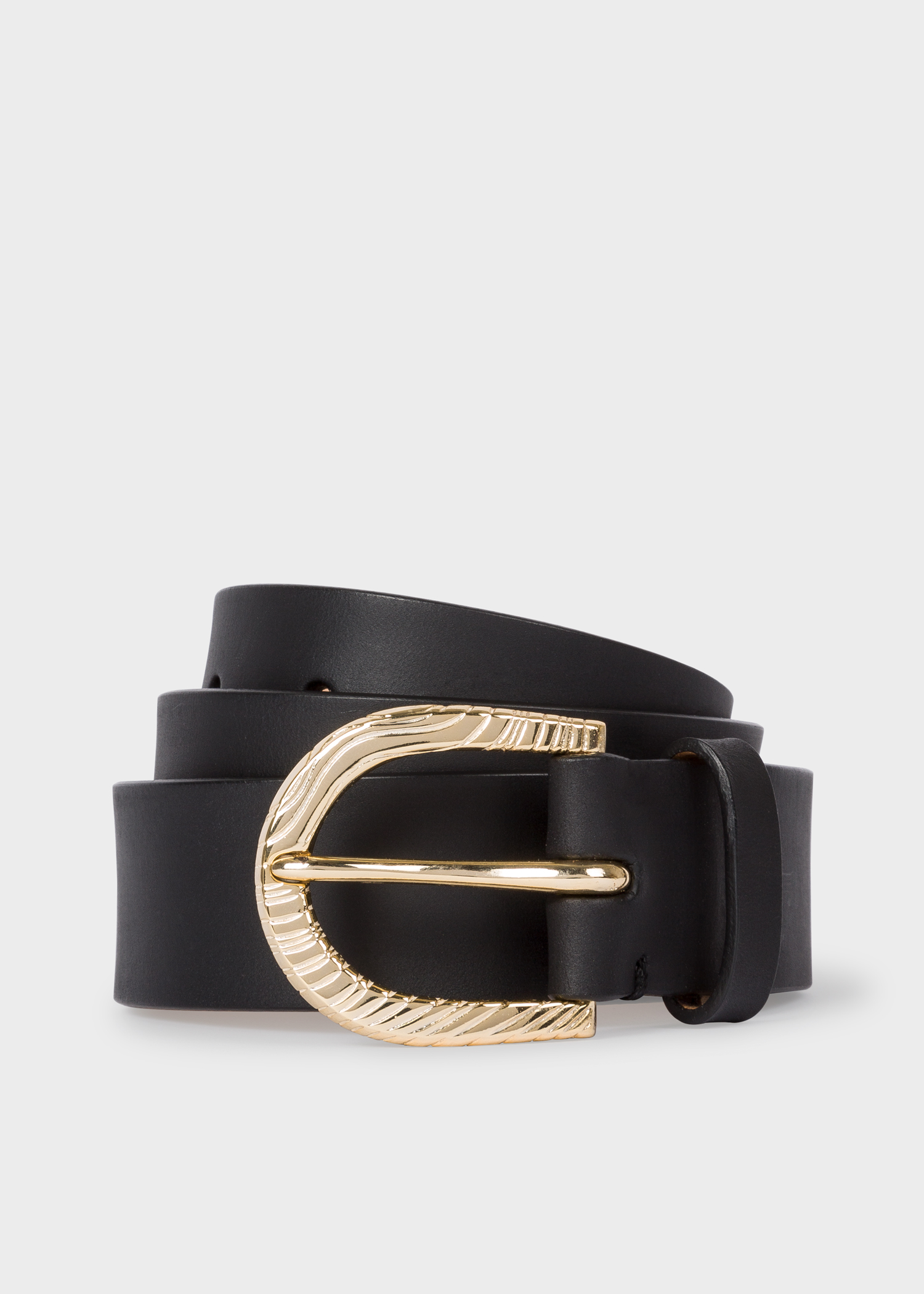 Front view - Women's Black Leather Belt With 'Swirl' Embossed Buckle Paul Smith