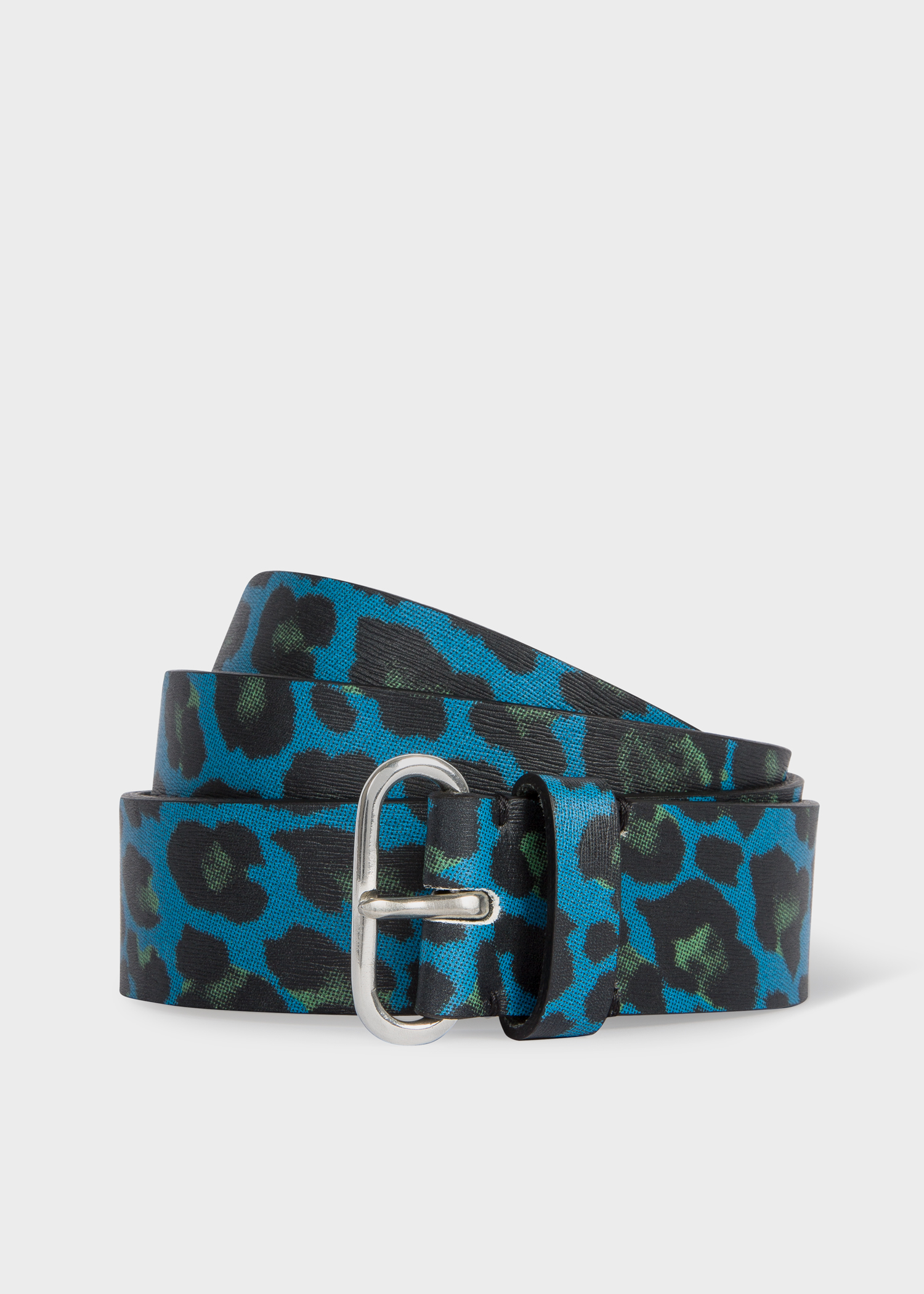 Rolled View - Women's Blue 'Leopard' Print Leather Belt Paul Smith