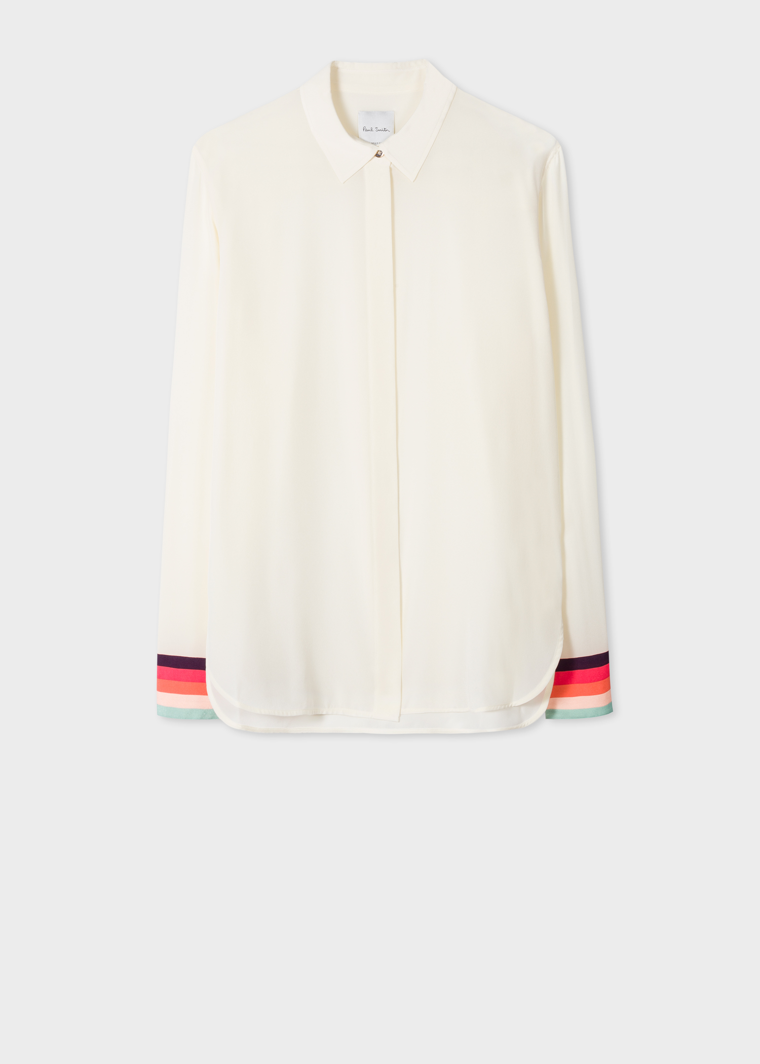 Front View - Women's Cream Silk Shirt With 'Artist Stripe' Cuffs Paul Smith