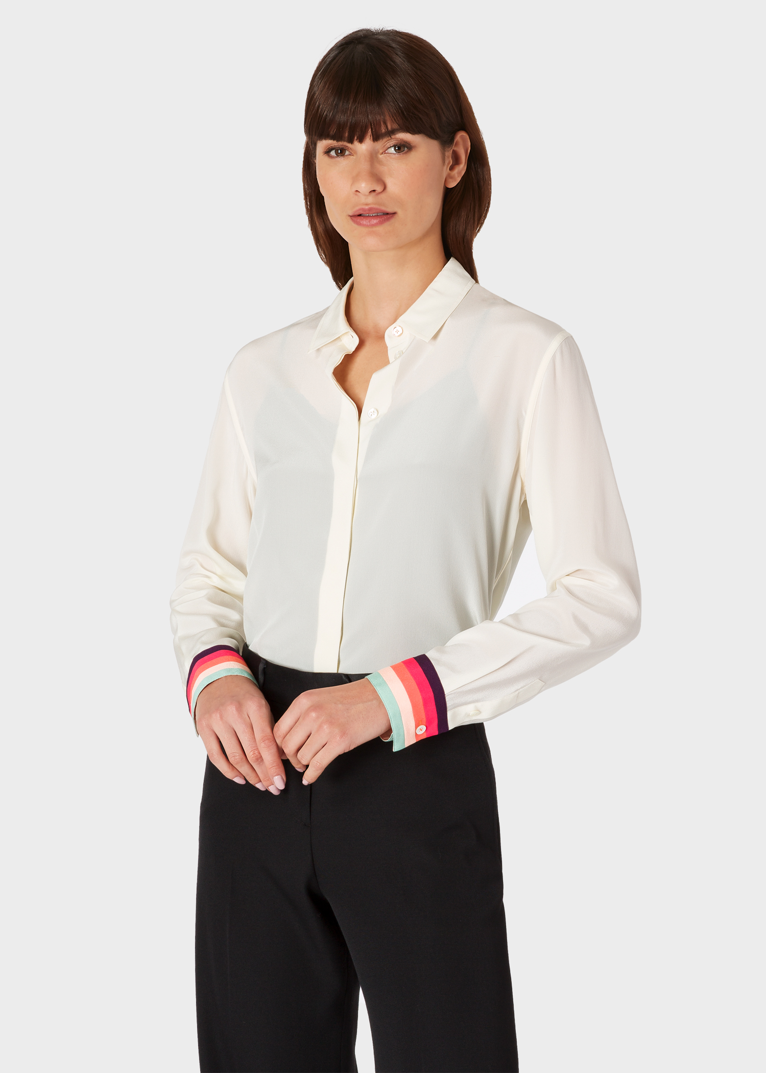 Model front close up - Women's Cream Silk Shirt With 'Artist Stripe' Cuffs Paul Smith