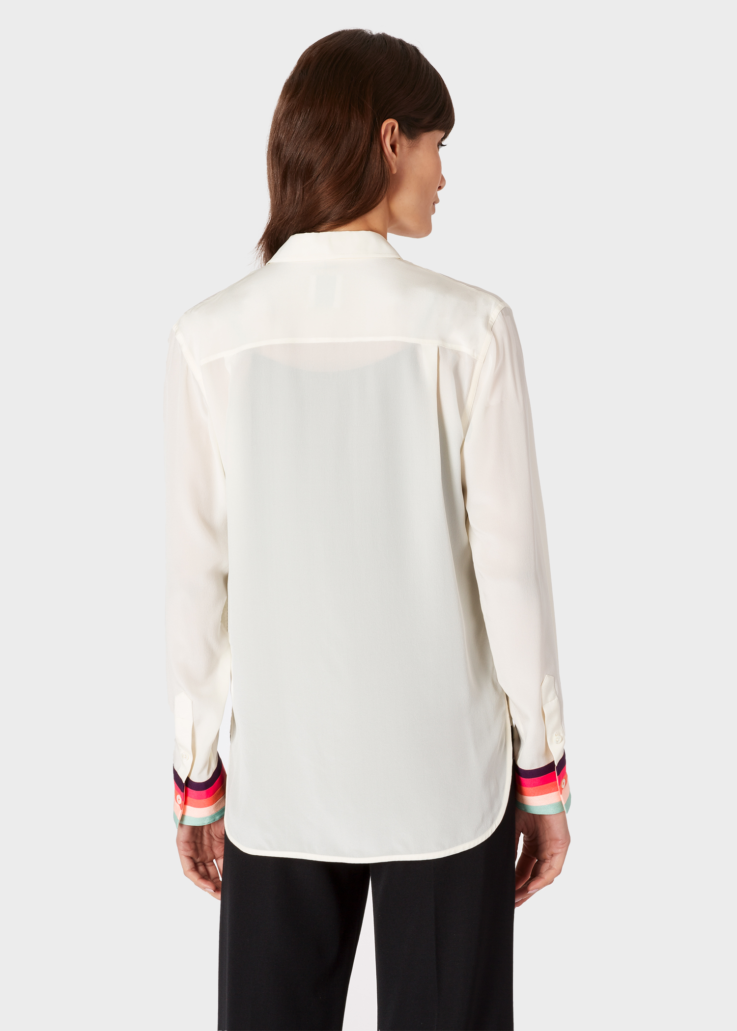 Model back close up - Women's Cream Silk Shirt With 'Artist Stripe' Cuffs Paul Smith