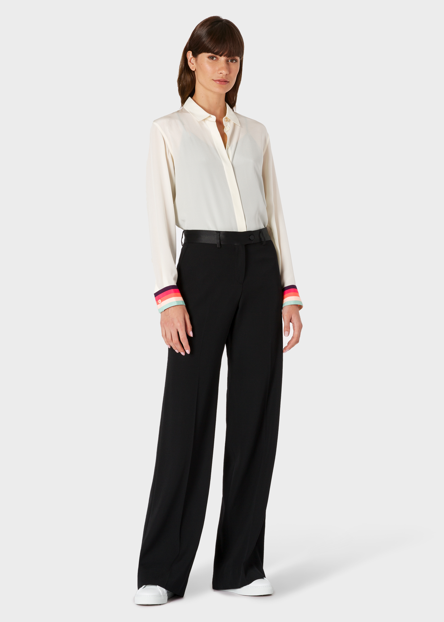Model front view - Women's Cream Silk Shirt With 'Artist Stripe' Cuffs Paul Smith