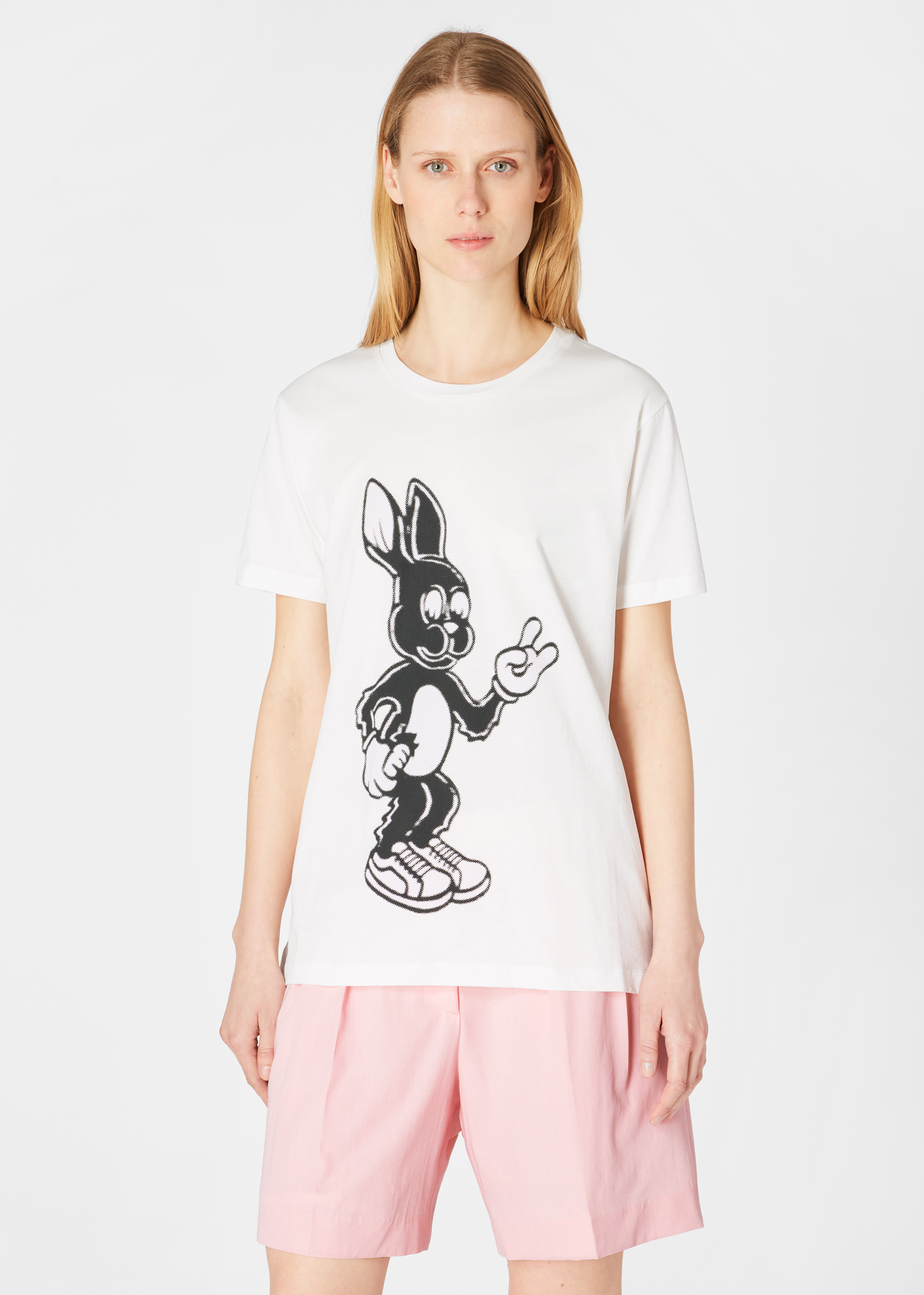 Model front close up - Women's White Large 'Rabbit' Print Organic-Cotton T-Shirt Paul Smith