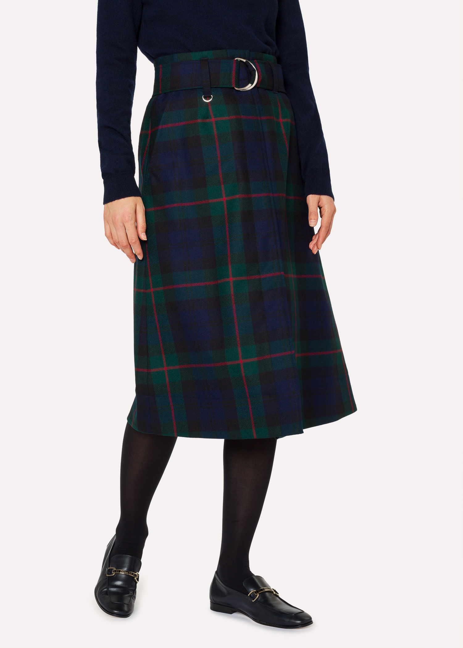 Women's Navy, Green And Red Tartan A-Line Midi Skirt With Belt - Paul Smith