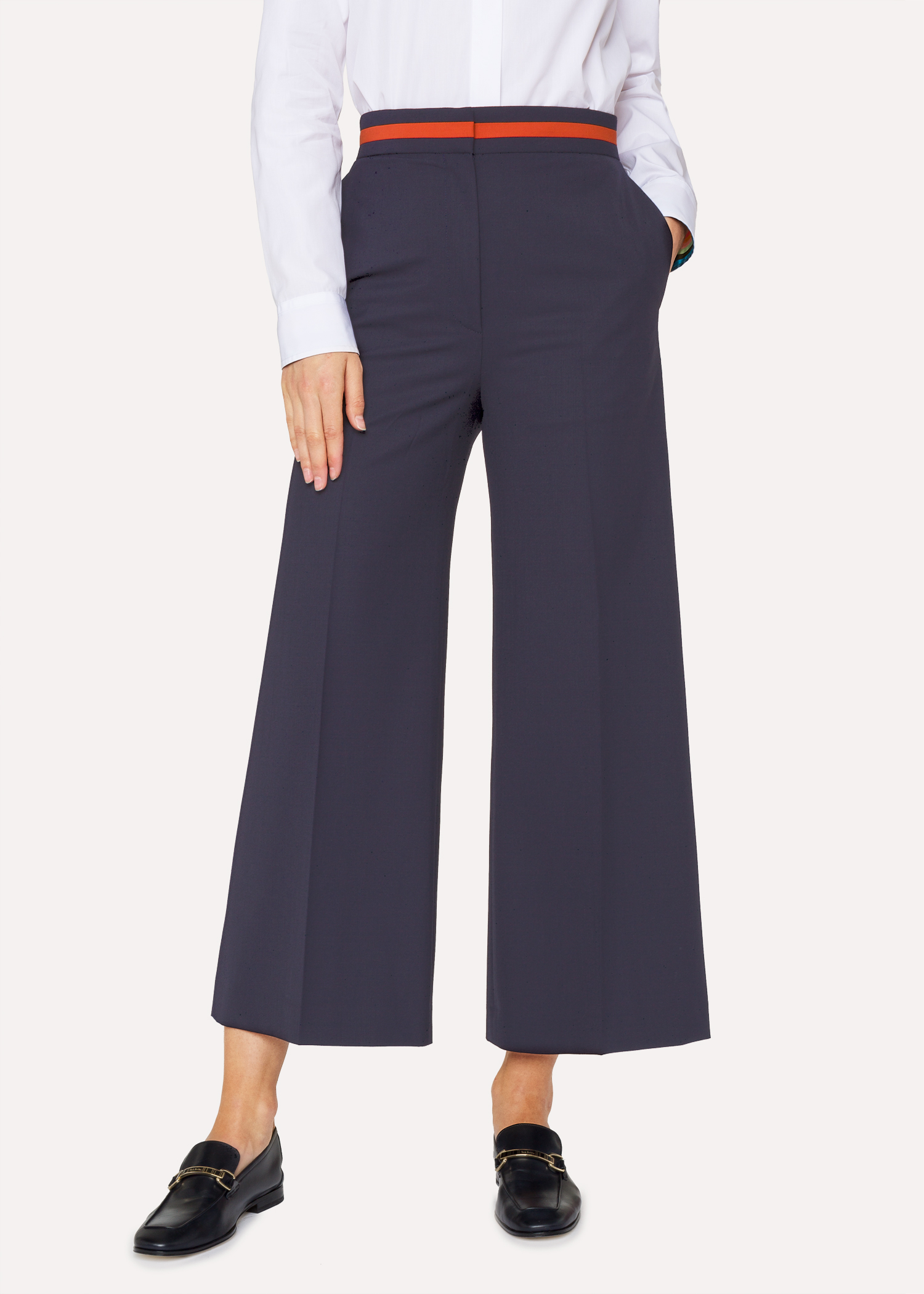 Women's Navy Wool-Blend Wide Leg Trousers With Contrast Waistband ...