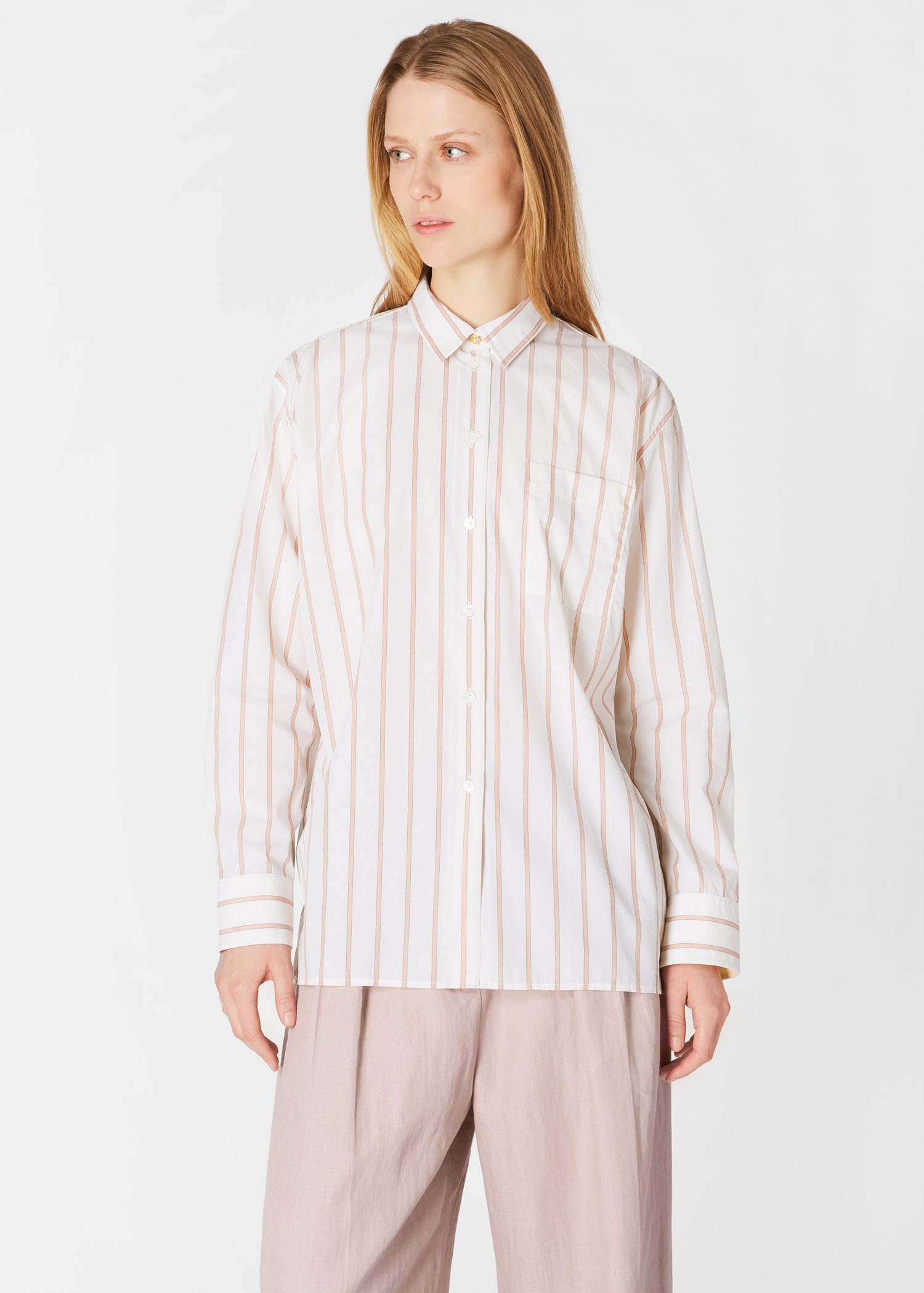 Model front close up - Women's Cream And Beige Stripe Cotton Shirt Paul Smith