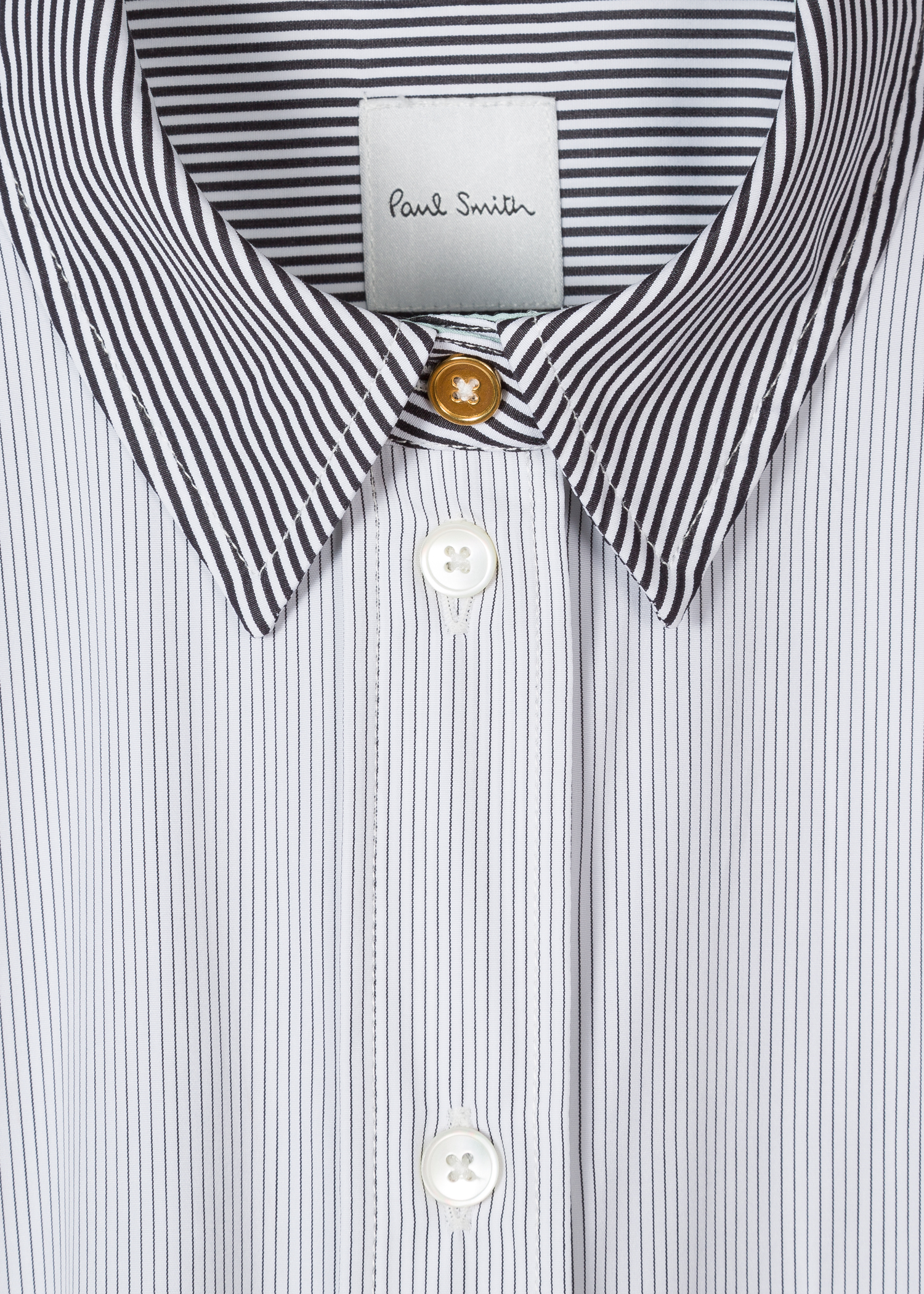 Collar view - Women's Black And White Thin Stripe Long Cotton Shirt Paul Smith