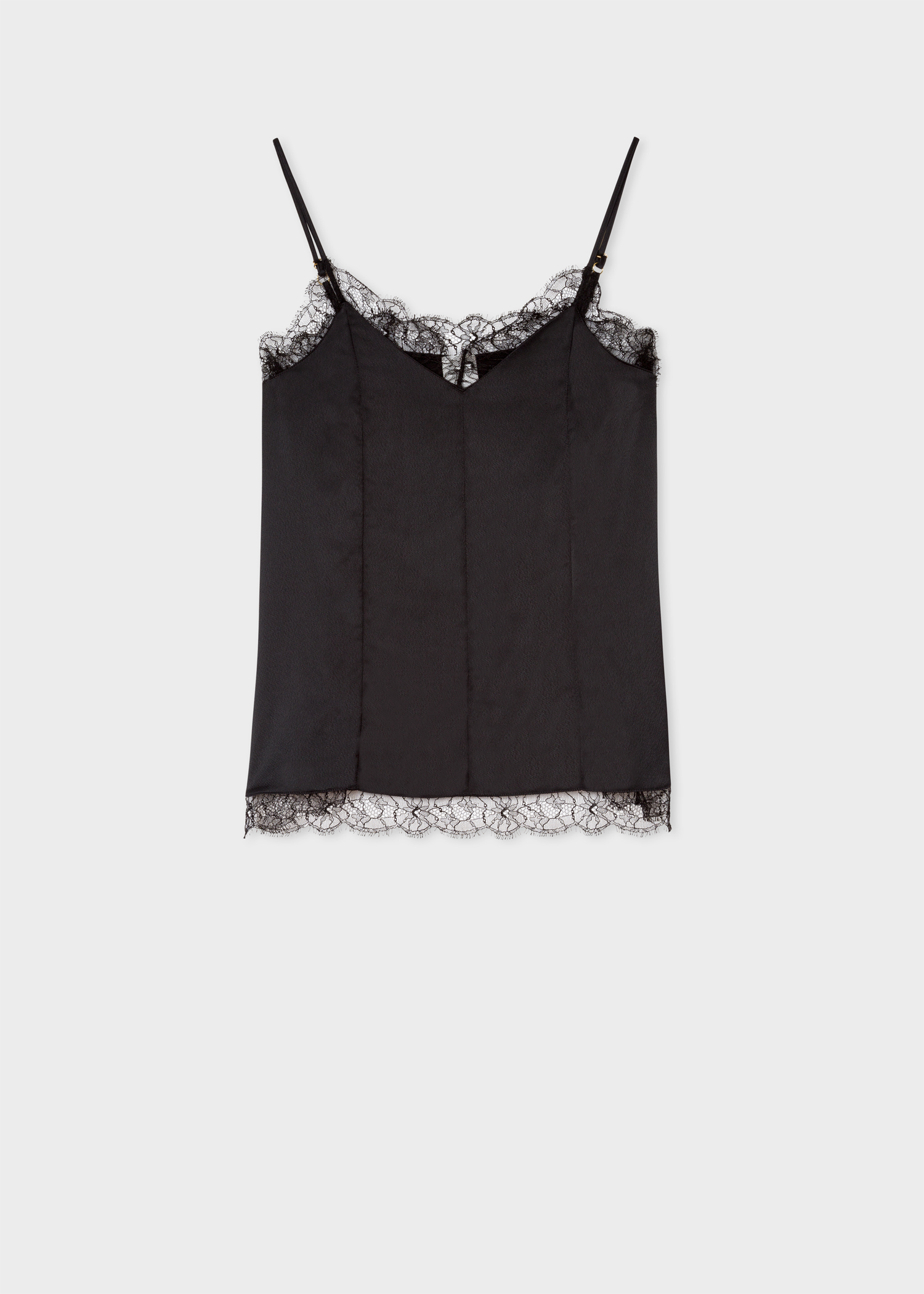 Front view - Women's Black Satin Tuxedo Cami Top with Lace Trims Paul Smith