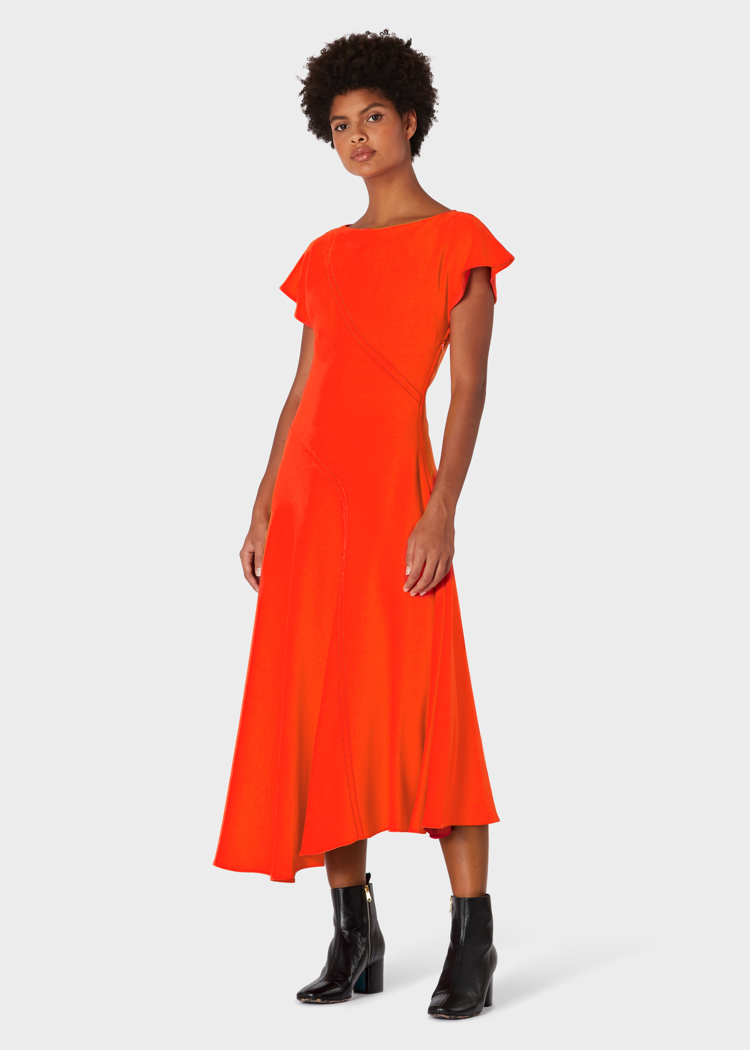 Model front view - Women's Orange Midi Dress With Asymmetric Hem Paul Smith
