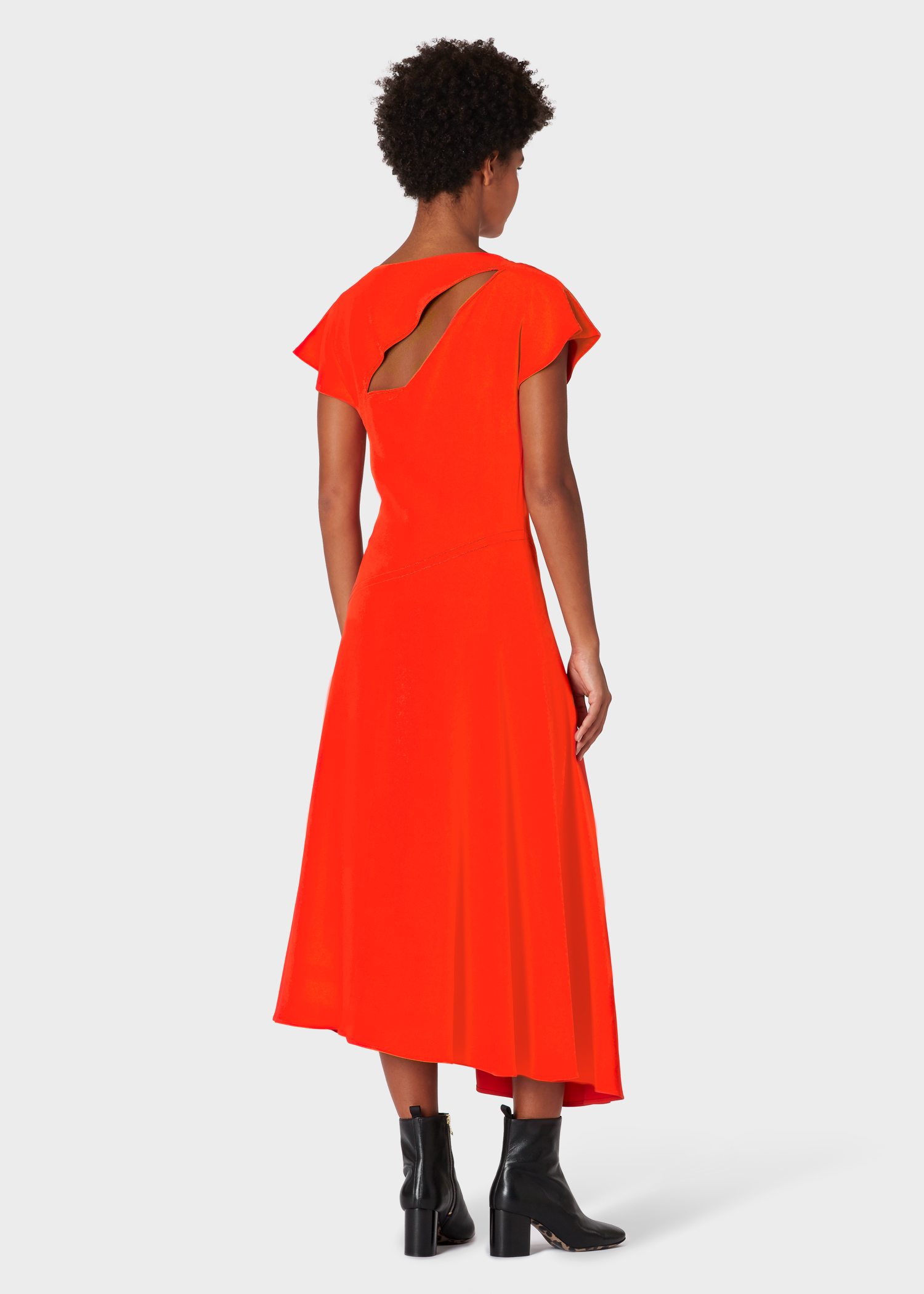 Model back view - Women's Orange Midi Dress With Asymmetric Hem Paul Smith