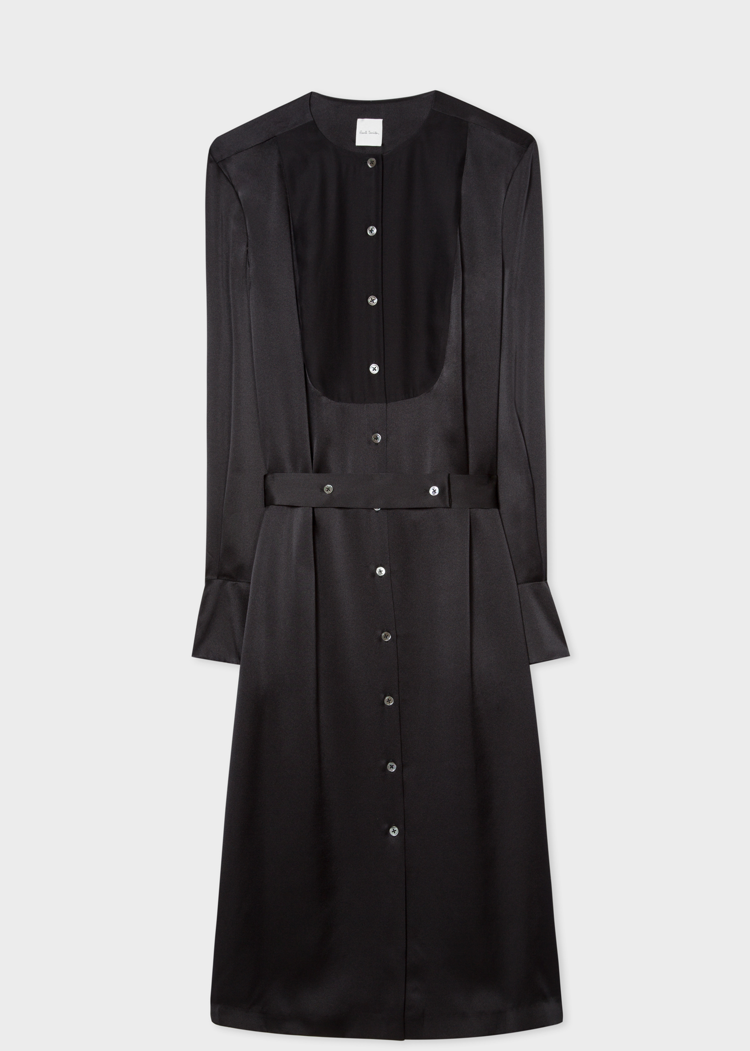Front view - Women's Black Tuxedo Satin Silk Shirt Dress With Bib And Belt Detail Paul Smith