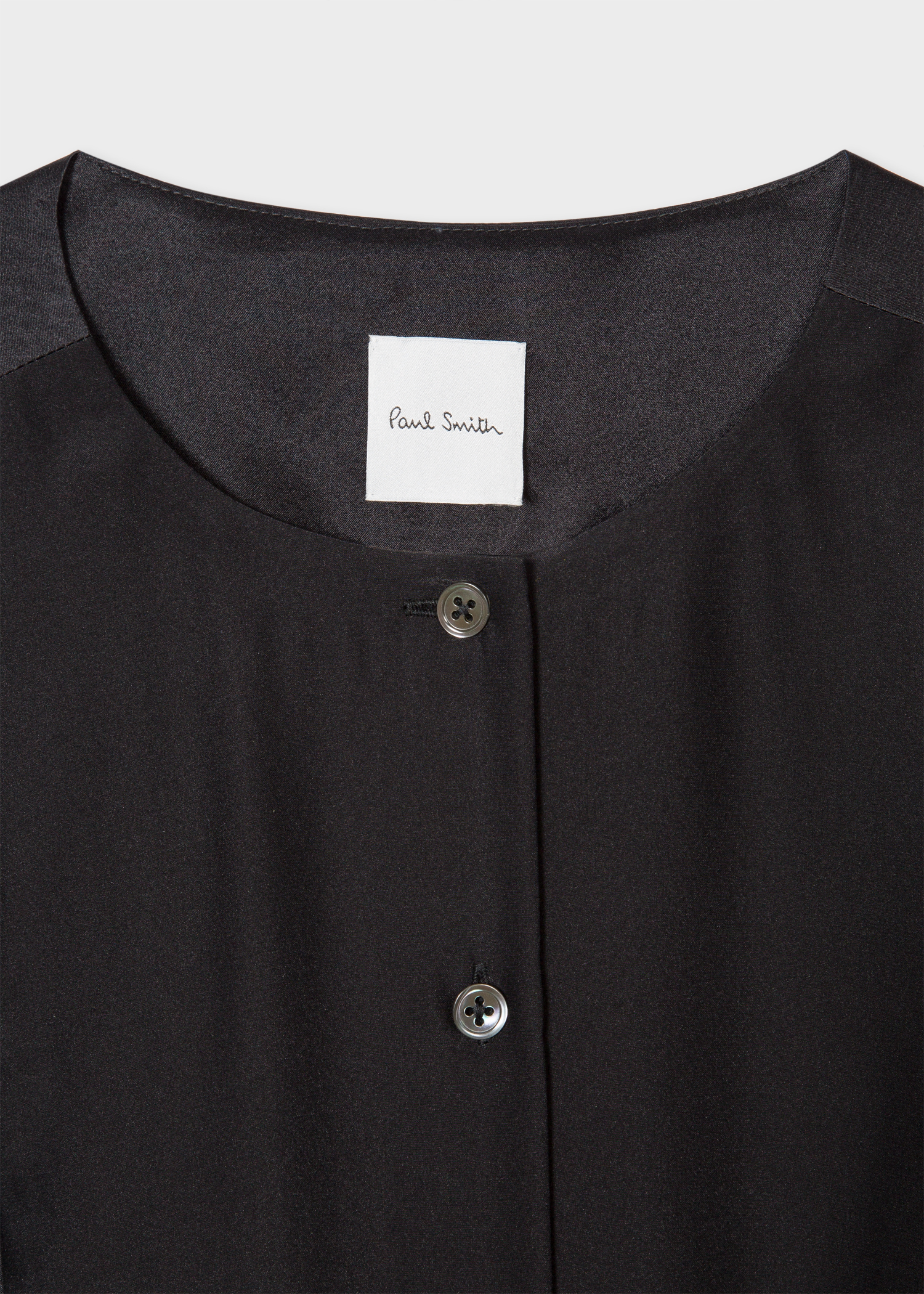 Collar view - Women's Black Tuxedo Satin Silk Shirt Dress With Bib And Belt Detail Paul Smith