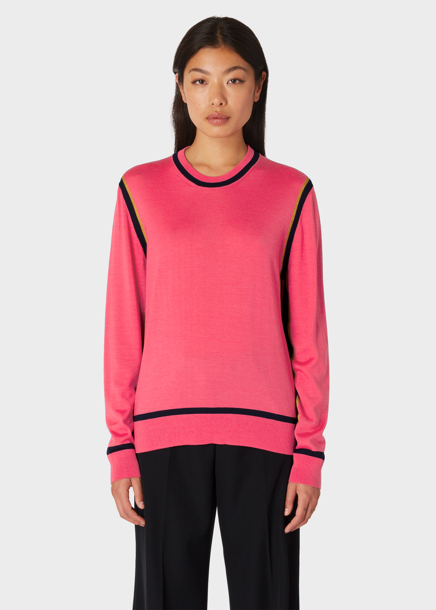 Model front close up - Women's Pink Wool And Silk Sweater With Dark Navy Trims Paul Smith