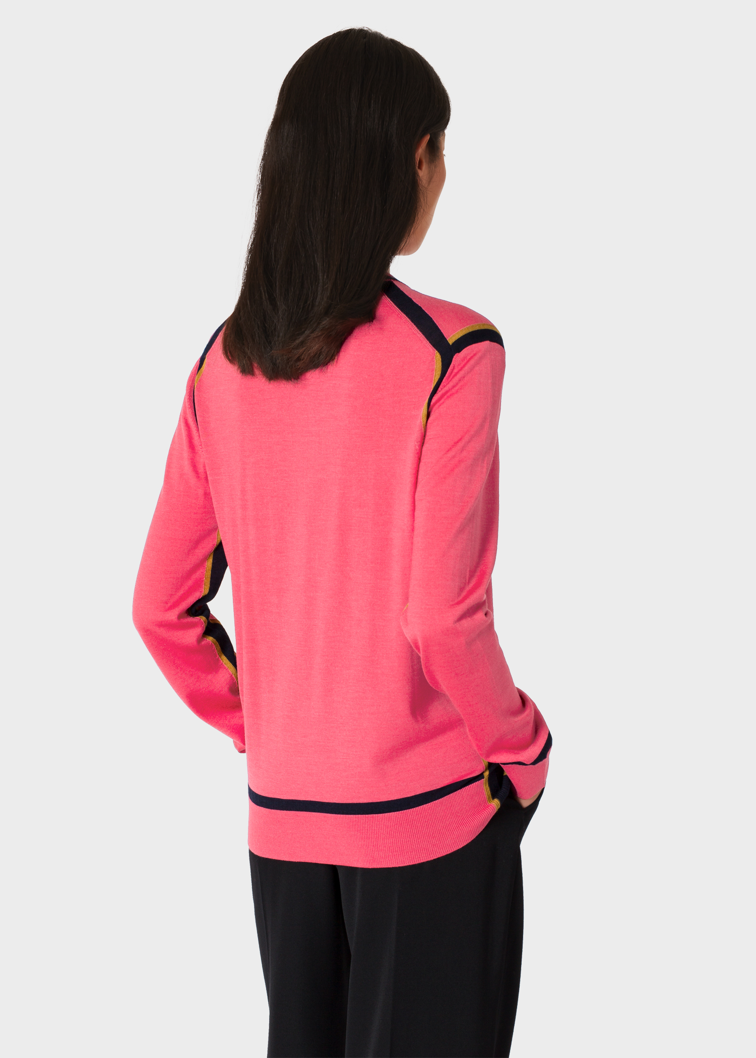 Model back close up - Women's Pink Wool And Silk Sweater With Dark Navy Trims Paul Smith