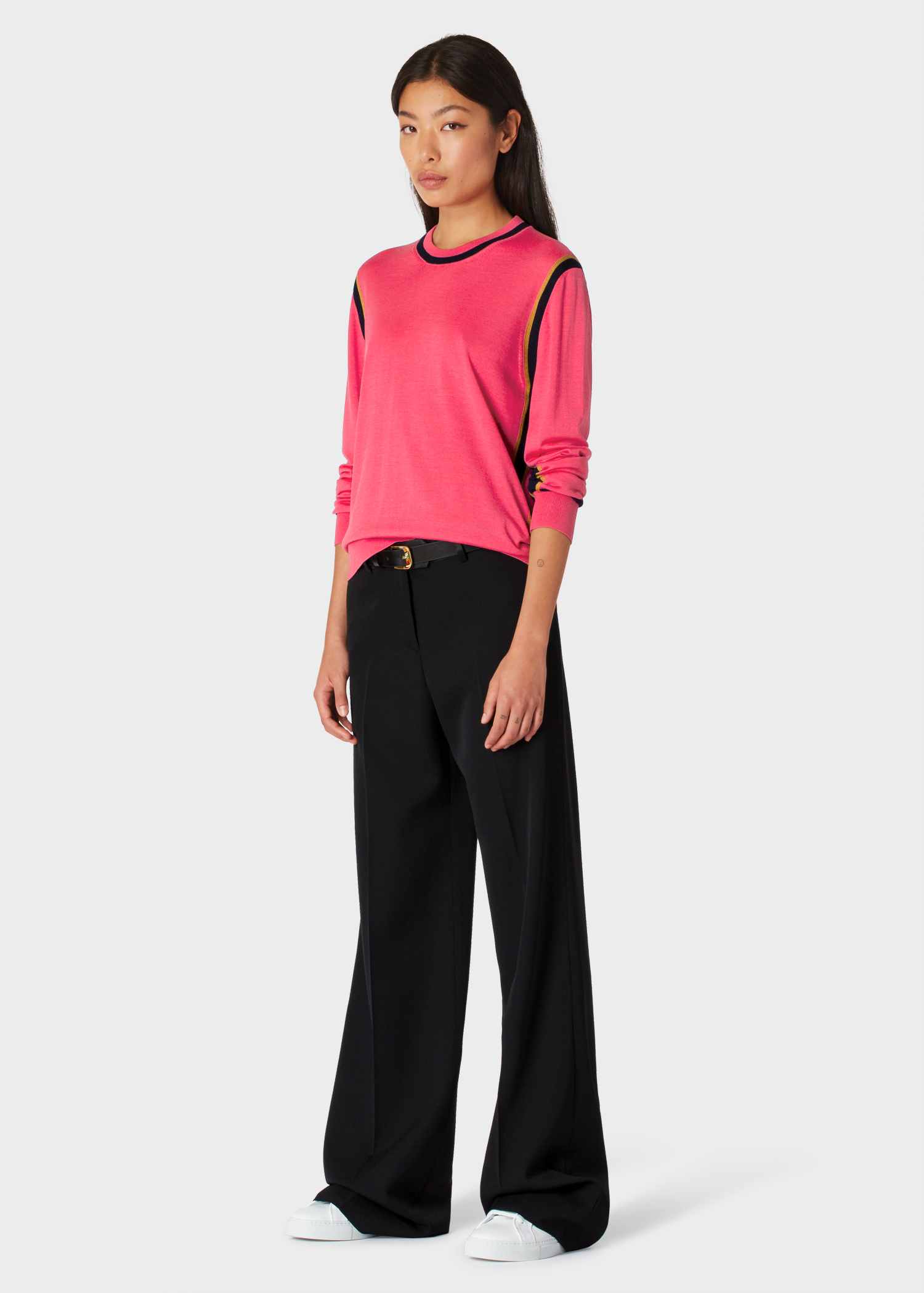 Model front View - Women's Pink Wool And Silk Sweater With Dark Navy Trims Paul Smith