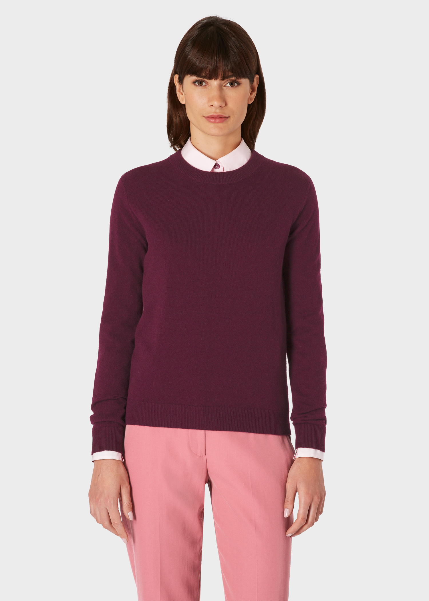 Model front close up - Women's Damson Cashmere Sweater With 'Artist Stripe' Trims Paul Smith