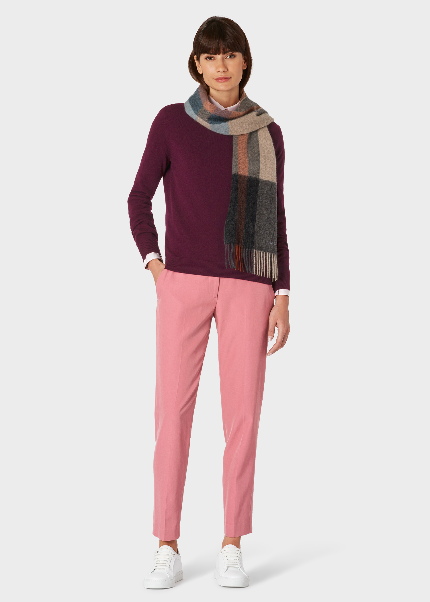 Model front view - Women's Damson Cashmere Sweater With 'Artist Stripe' Trims Paul Smith