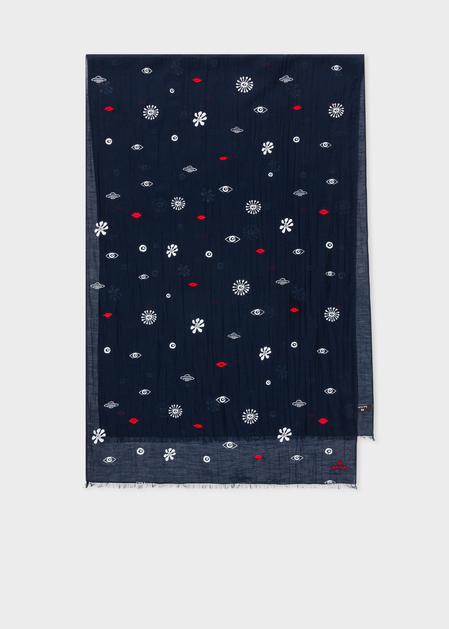 Folded view - Women's Navy Embroidered 'Galaxy' Cotton And Silk-Blend Scarf Paul Smith