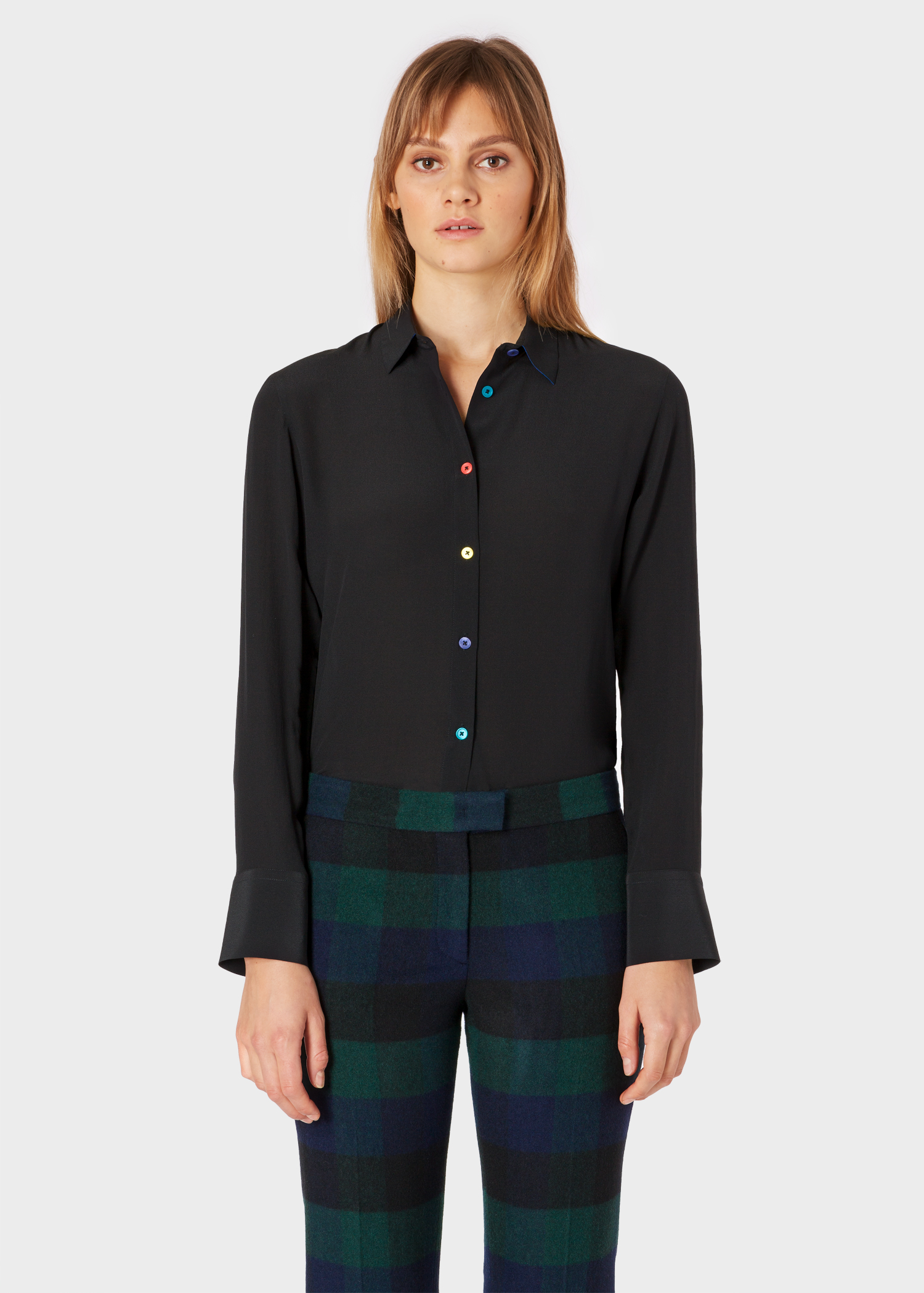 Model front close up - Women's Black Silk Shirt With Multi-Coloured Button Placket Paul Smith
