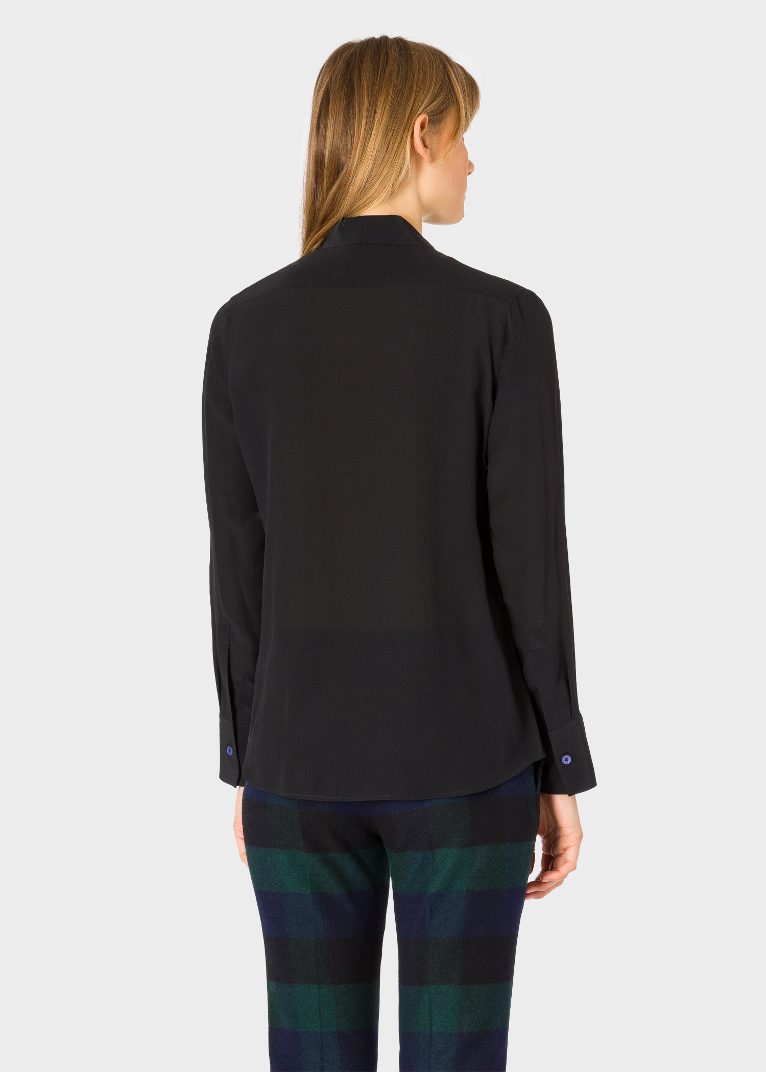 Model back close up - Women's Black Silk Shirt With Multi-Coloured Button Placket Paul Smith