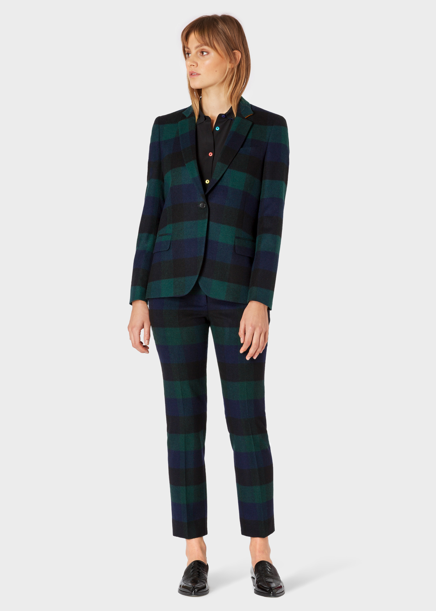 Model front view - Women's Black Silk Shirt With Multi-Coloured Button Placket Paul Smith