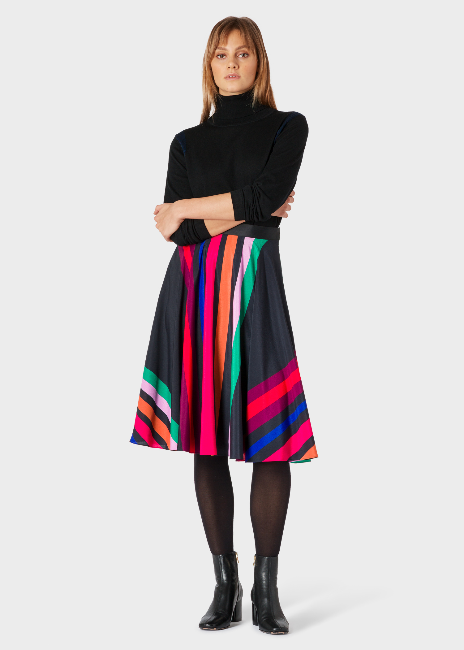 Model front view - Women's Black Multi-Coloured Stripe Midi Skirt Paul Smith