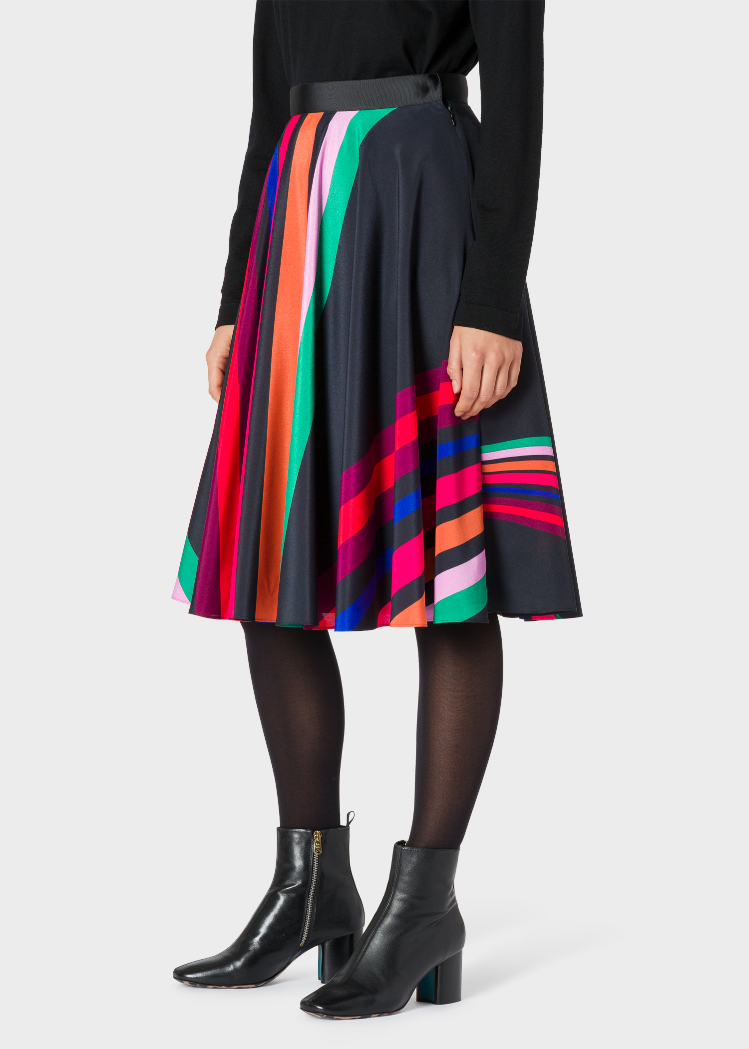 Model back close up - Women's Black Multi-Coloured Stripe Midi Skirt Paul Smith