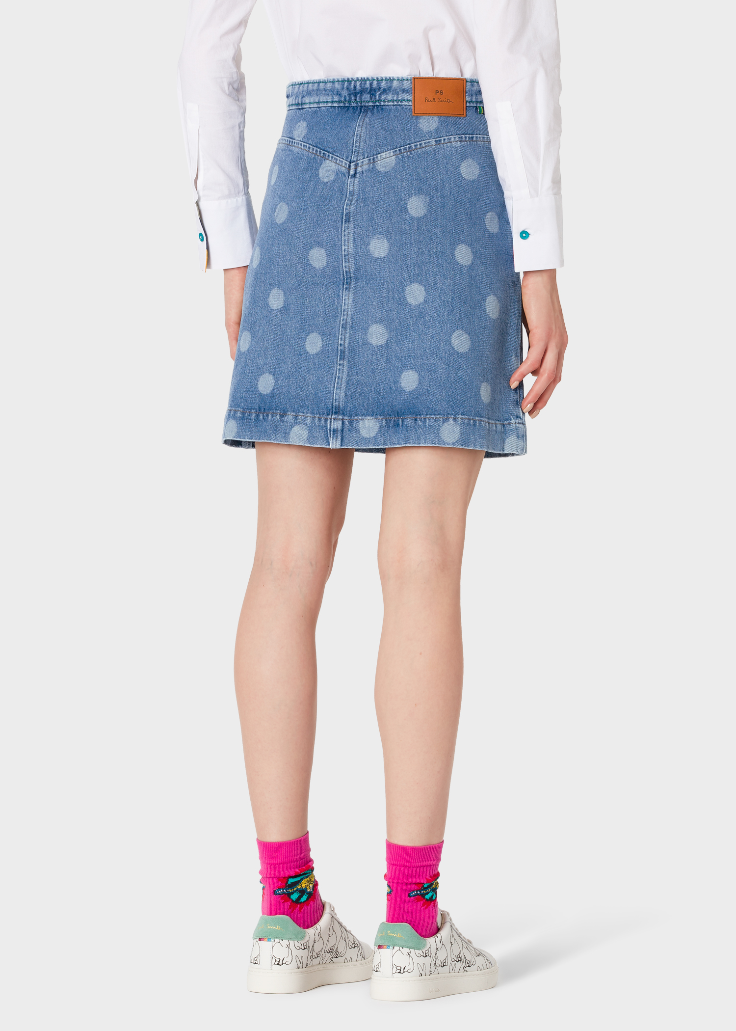 Model back close up - Women's Light Wash Denim Polka Dots Mini Skirt Paul Smith