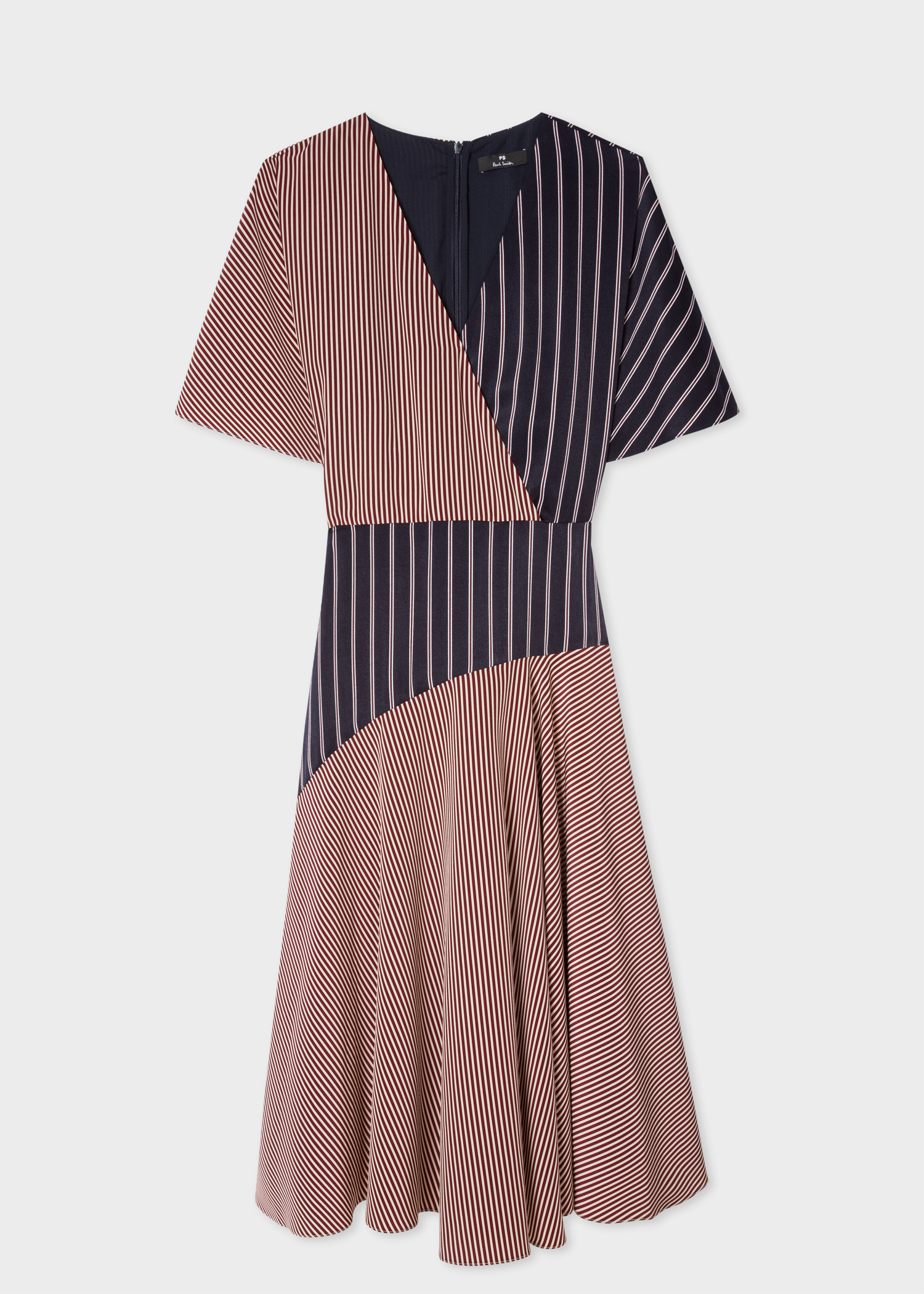 Front View - Women's Dark Navy Panelled Stripe Wrap Midi Dress Paul Smith