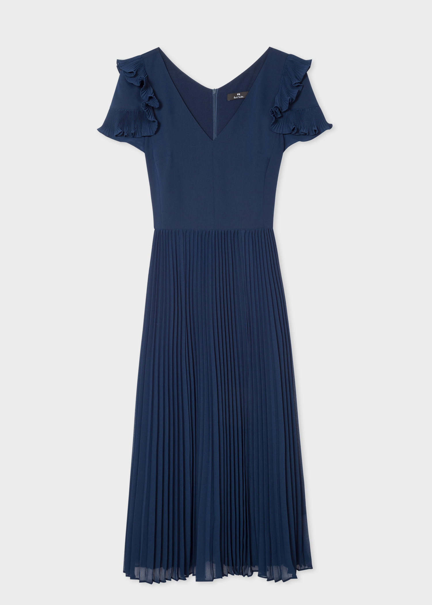 Front view - Women's Navy Pleated Short Sleeve Midi Dress With Ruffle Details Paul Smith