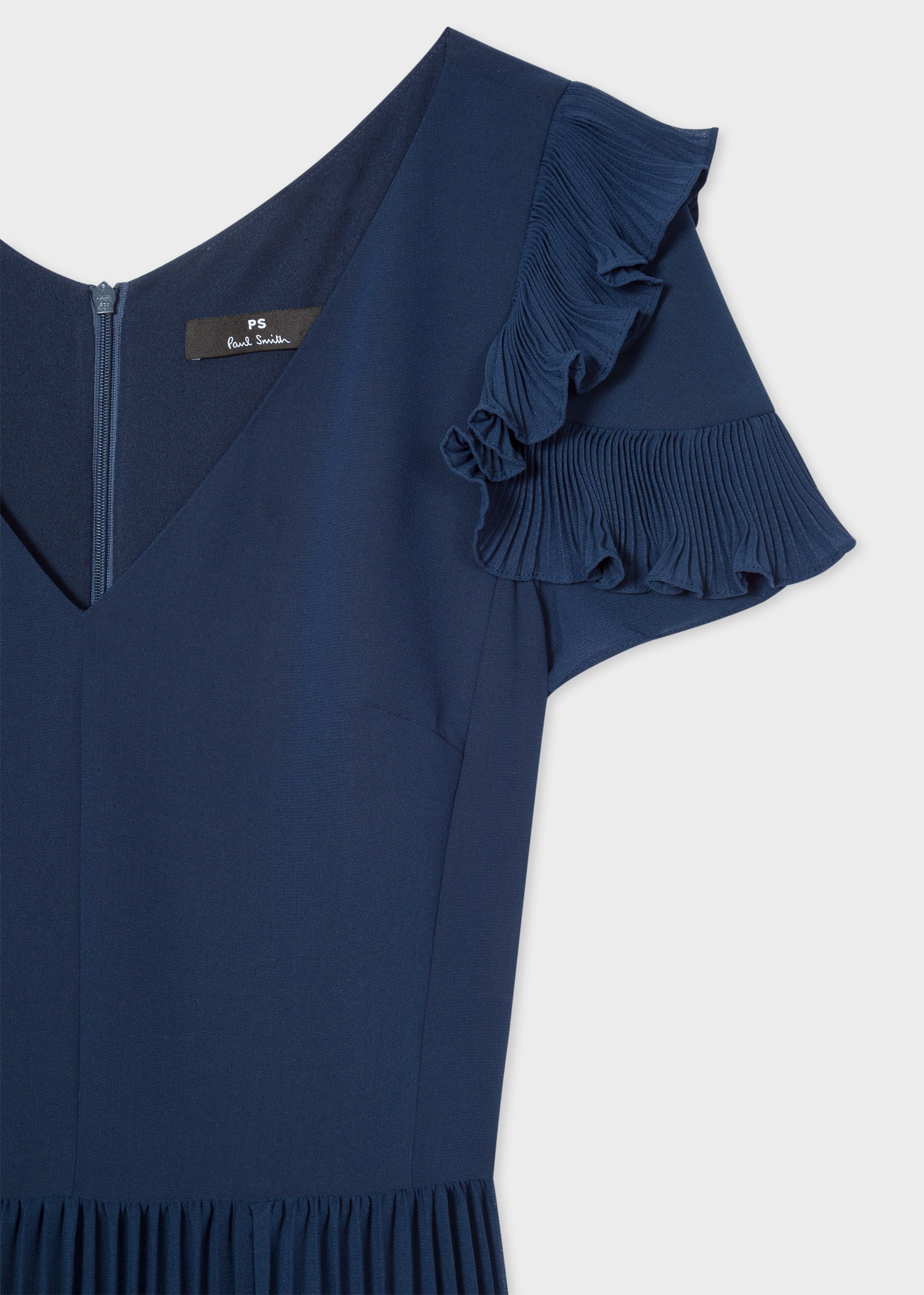 Sleeve view - Women's Navy Pleated Short Sleeve Midi Dress With Ruffle Details Paul Smith