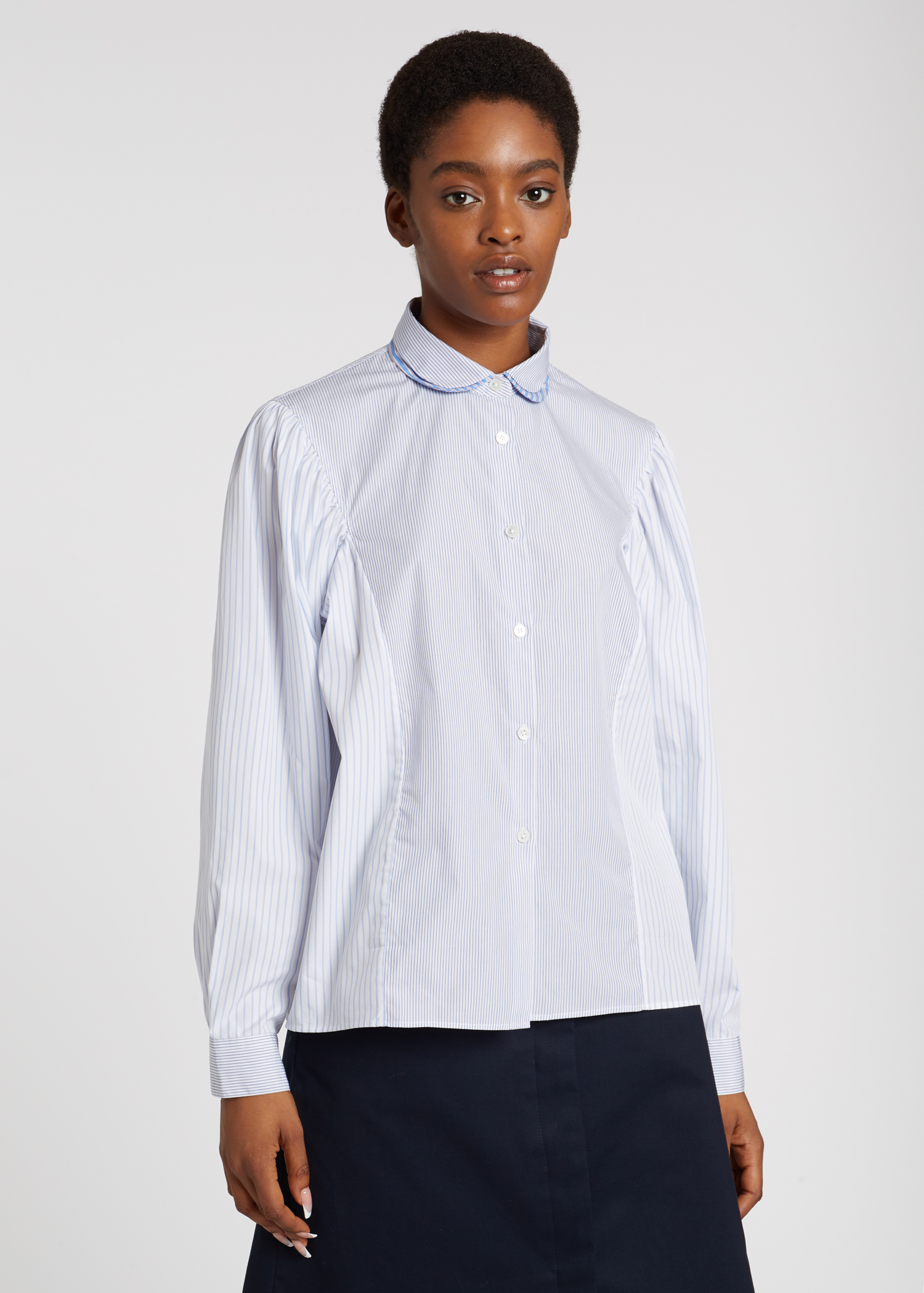 Women's White And Blue Stripe Cotton Shirt With Frill Collar