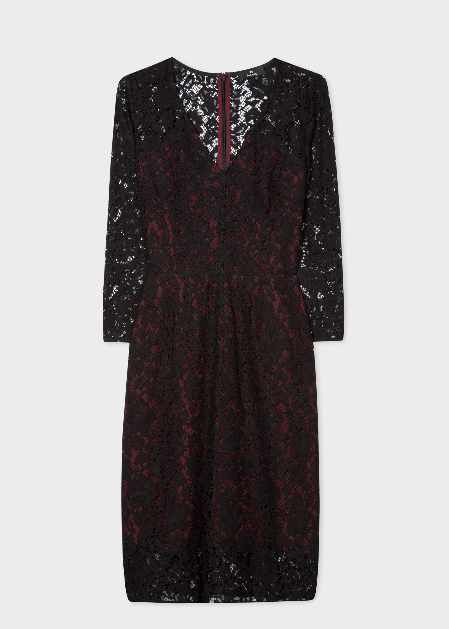 Front view - Women's Black Lace Dress With Contrasting Berry Lining Paul Smith