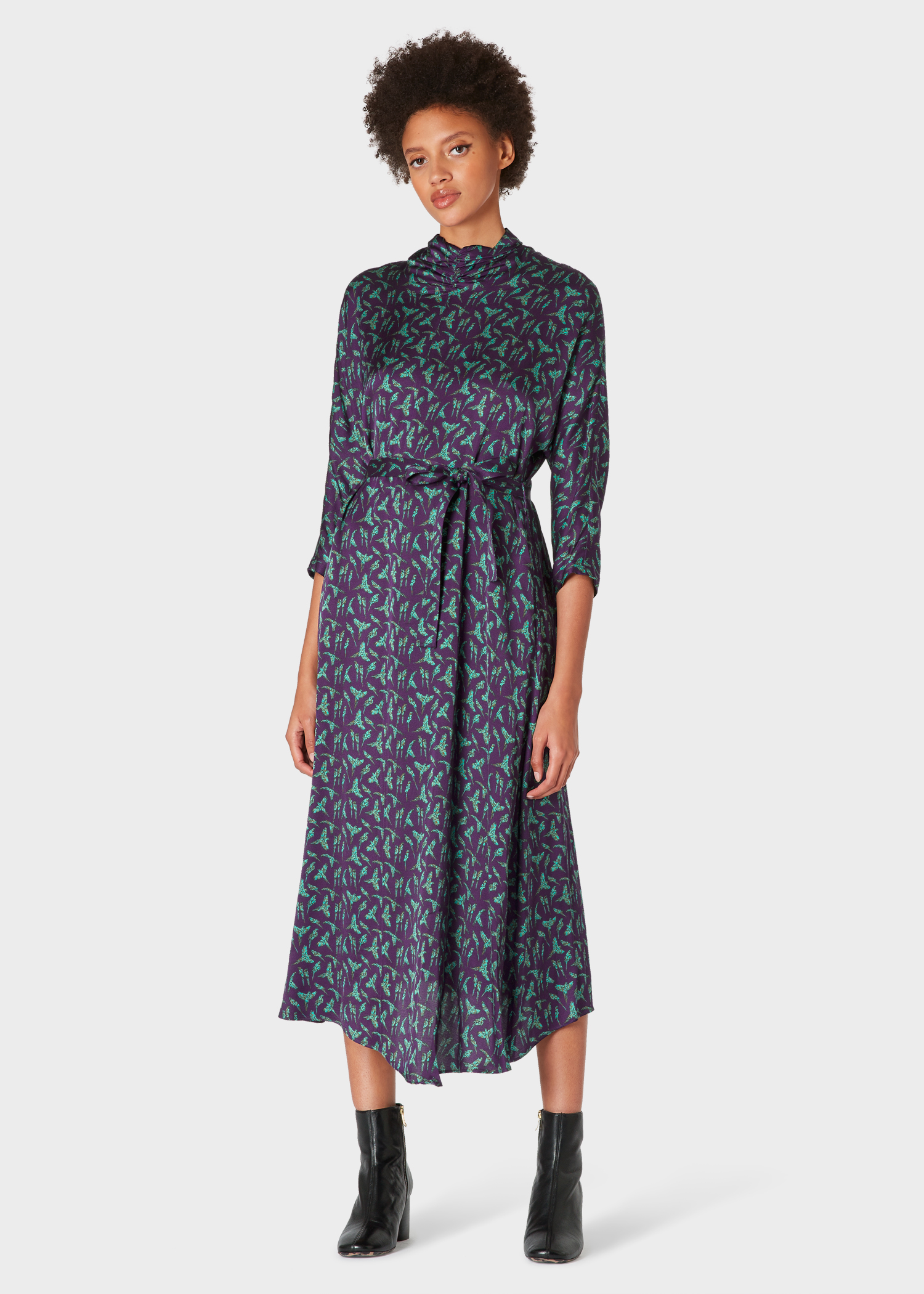 Model front view - Women's Violet 'Parrot' Print Gathered-Neck Midi Dress Paul Smith