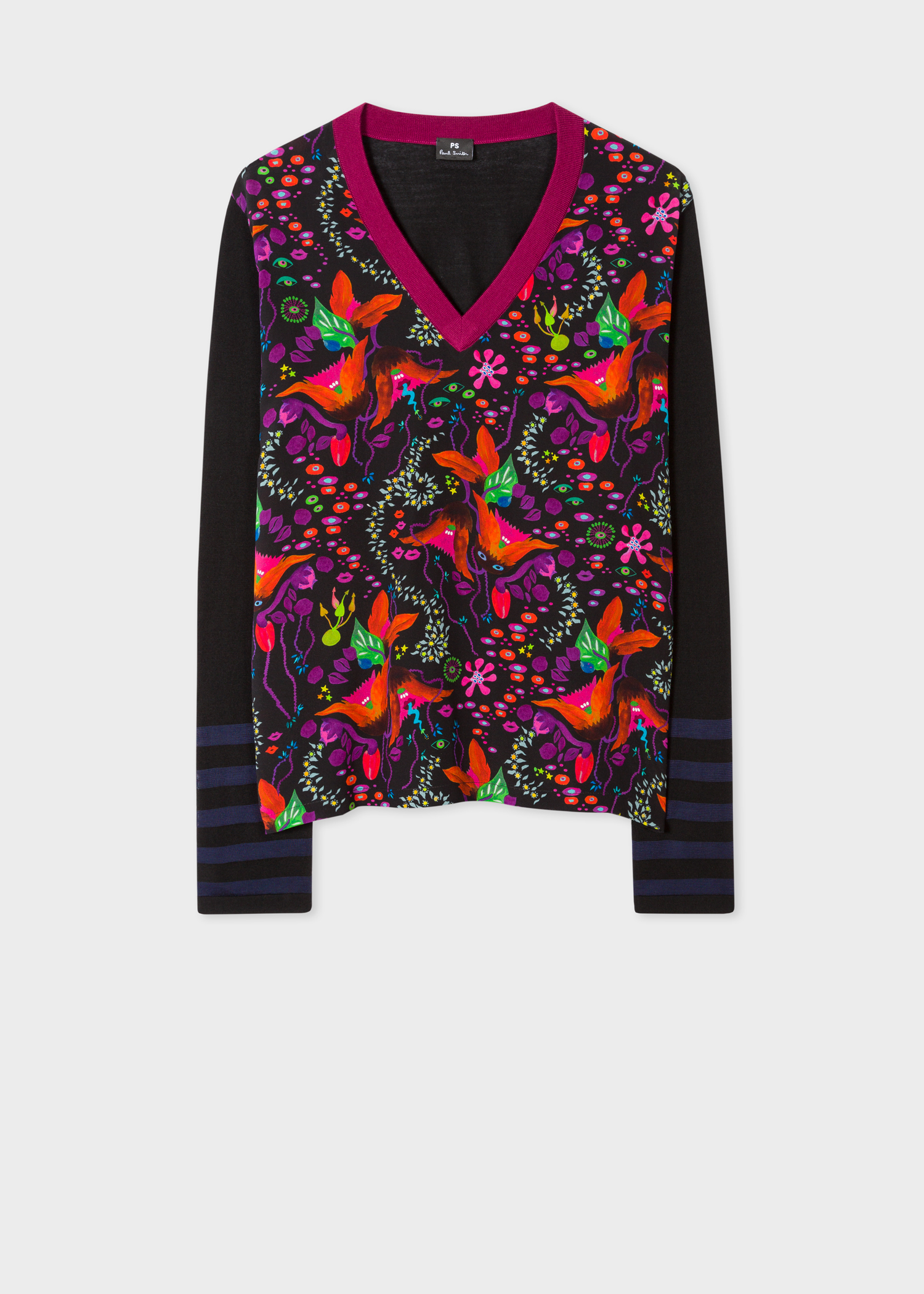Front view - Women's Black 'Earthling Floral' Wool V-Neck Sweater Paul Smith
