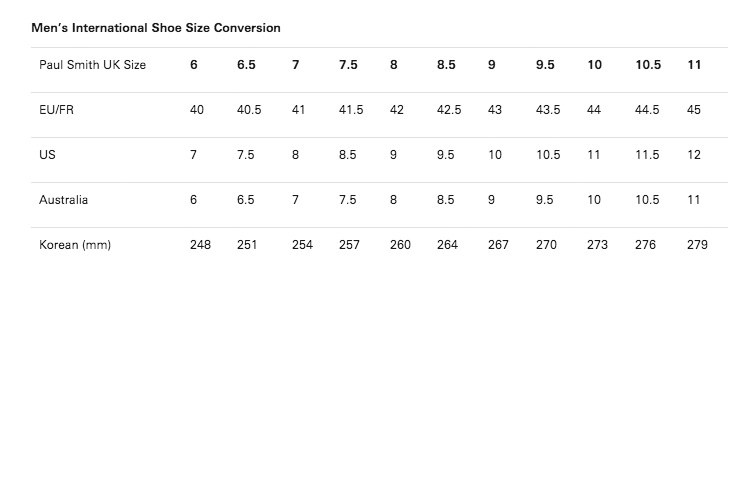 Paul Smith Size Guides