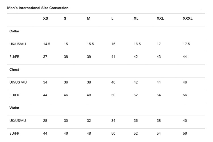 m&o size chart